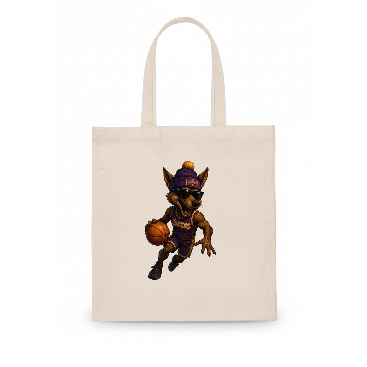 Hollywood Coyote wearing Lakers beanie with Showtime patch and wayfarer sunglasses - Tote Bag - white