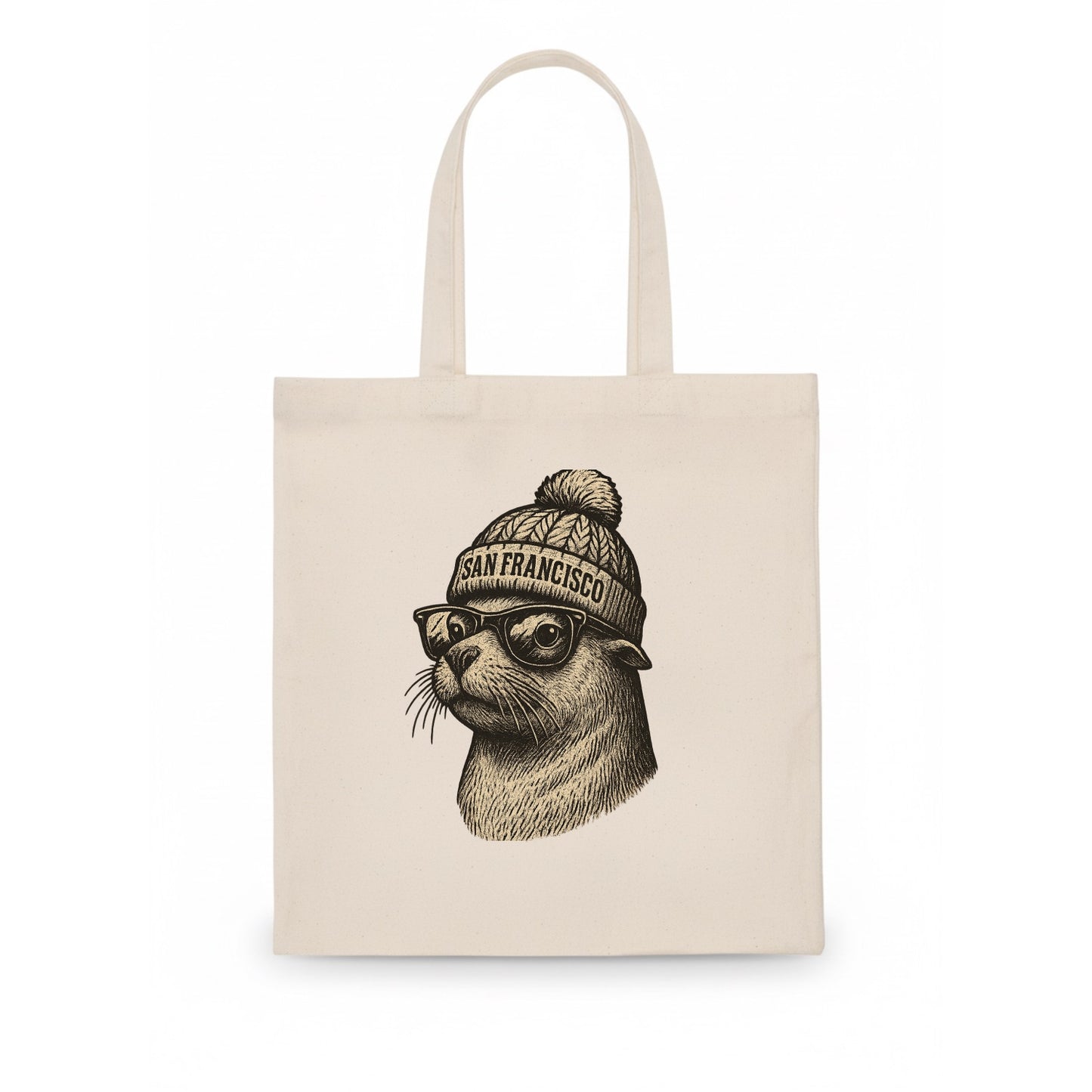 San Francisco Sea Lion wearing San Francisco beanie with pom pom and wayfarer sunglasses - Tote Bag - white