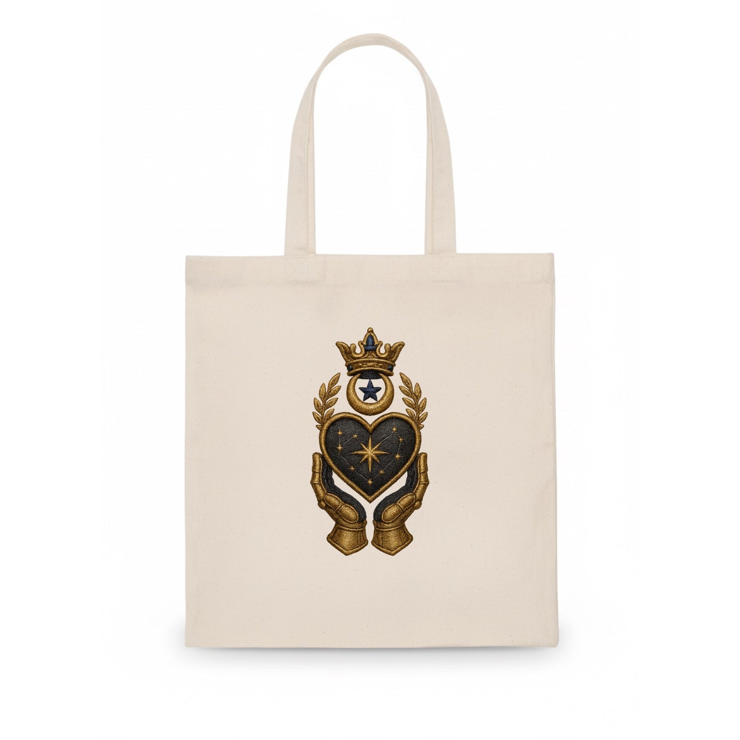 Crowned heart with Art Deco sunburst crown and geometric filigree hands cradling the - Tote Bag - white