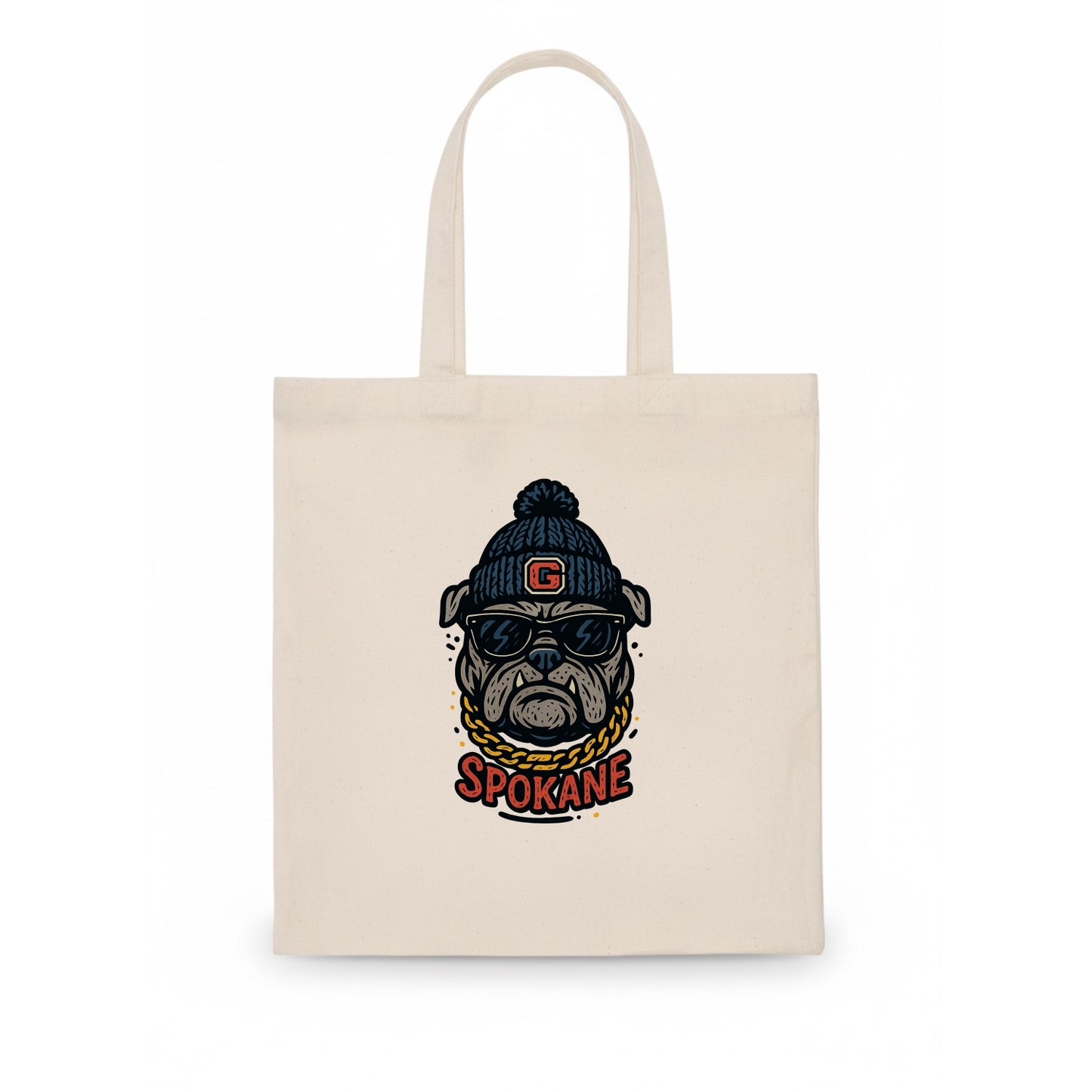 Spokane Bulldog wearing Gonzaga beanie with G patch - Tote Bag - white