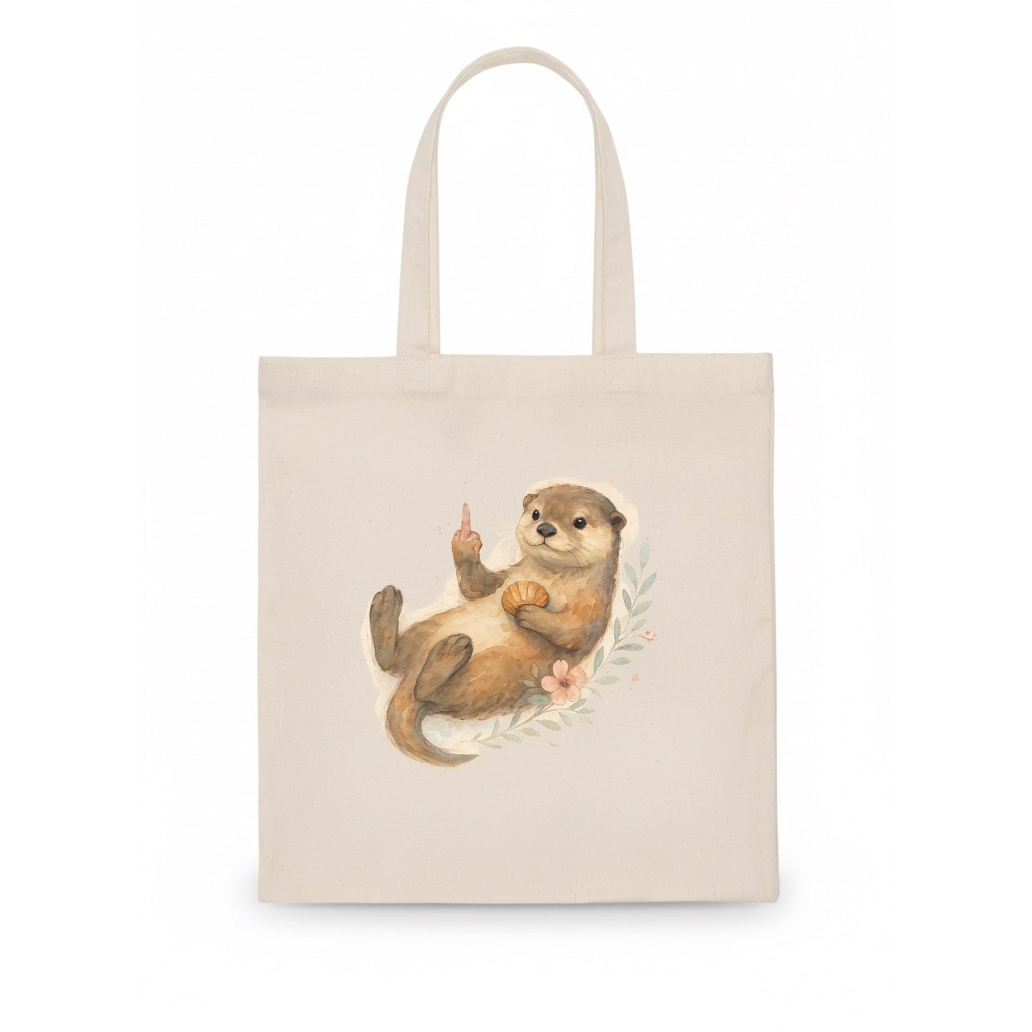 adorable otter floating on back, middle finger up while holding a shellfish - Tote Bag - white