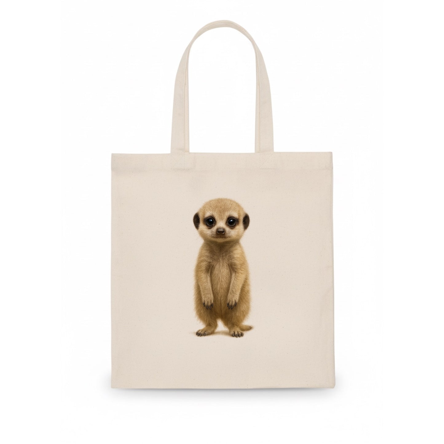 Baby Meerkat - tan fur, dark eye patches, alert stance, bright eyes, front-facing, - Tote Bag - white
