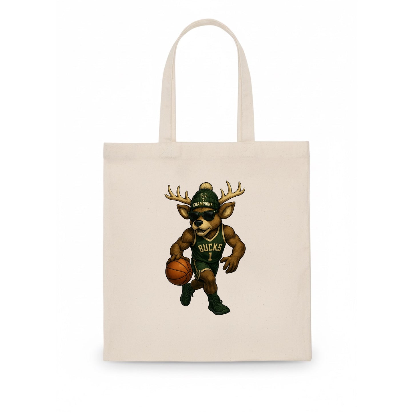 Milwaukee Buck Deer wearing Bucks green and cream beanie with antlers and wayfarer - Tote Bag - white