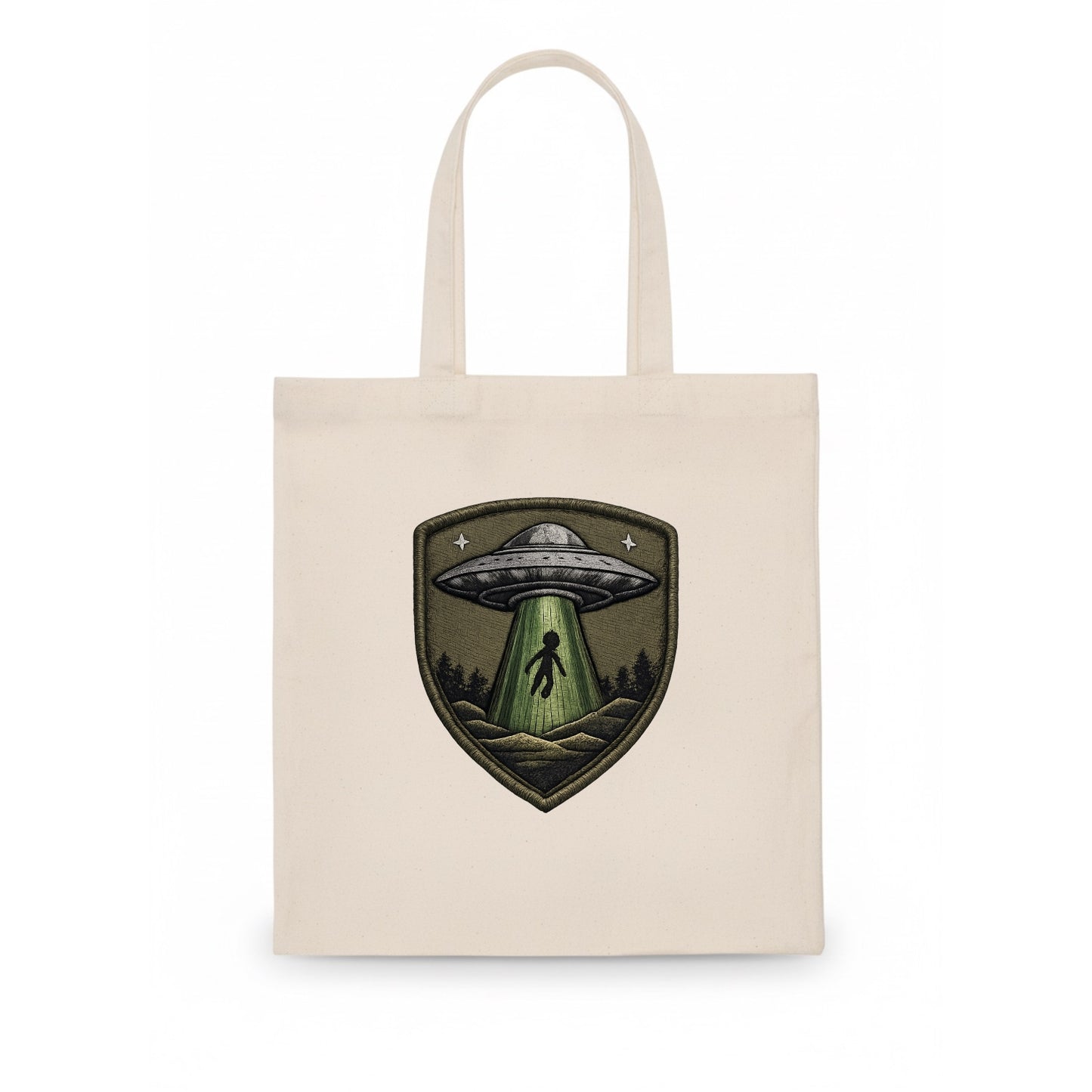 UFO ALIEN - flying saucer with beam in silver and green , extraterrestrial - Tote Bag - white