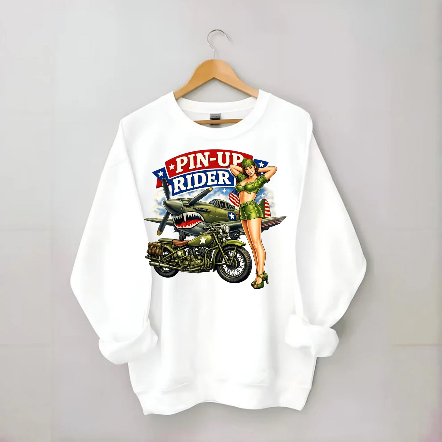 Wwii Pin Up Rider - Crewneck Sweatshirt - white