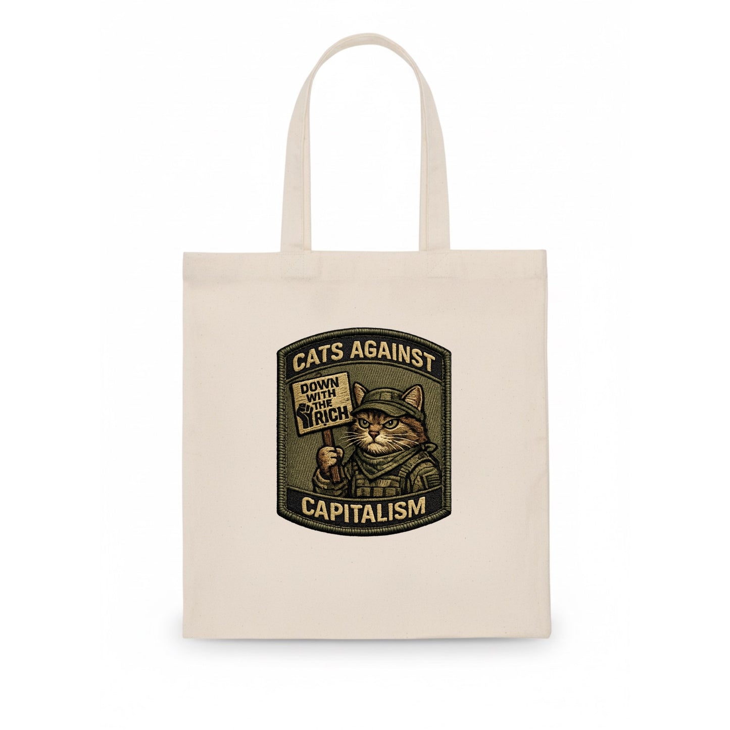 CATS AGAINST CAPITALISM - cat with protest sign in red , political cat - Tote Bag - white
