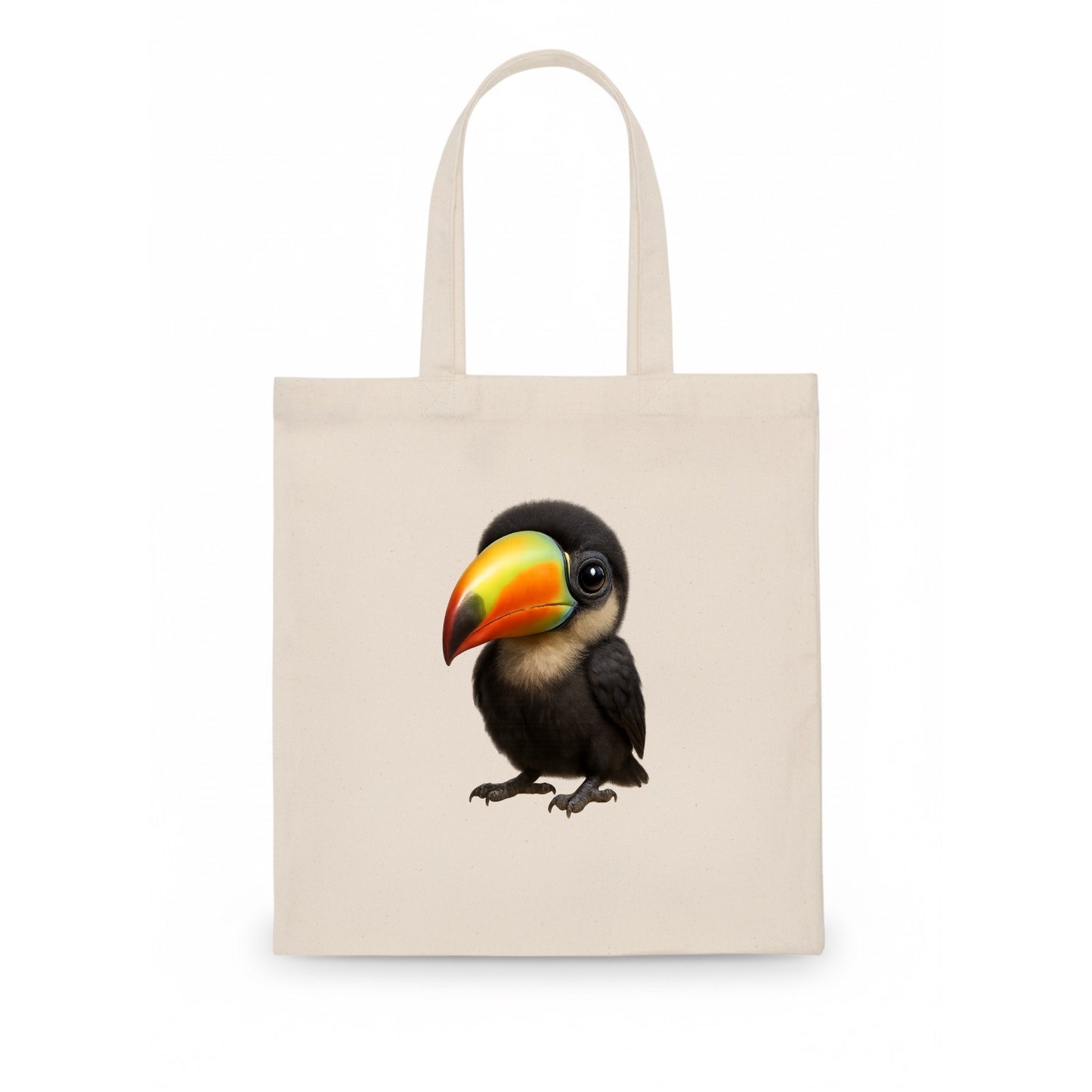 Baby Toucan - oversized colorful beak, black feathers, bright eyes, front-facing, fruit - Tote Bag - white