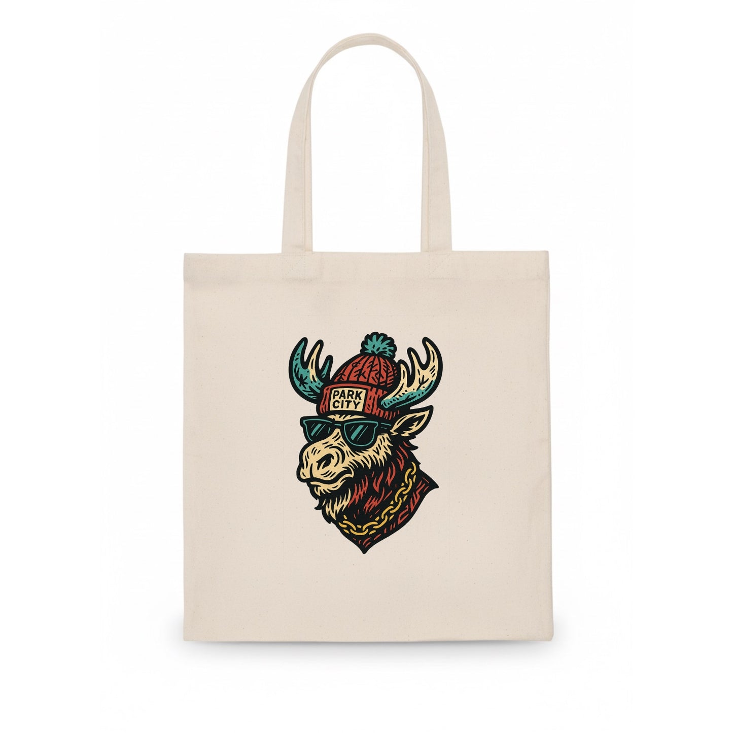 Park City Moose wearing Park City beanie with pom pom and wayfarer sunglasses - Tote Bag - white