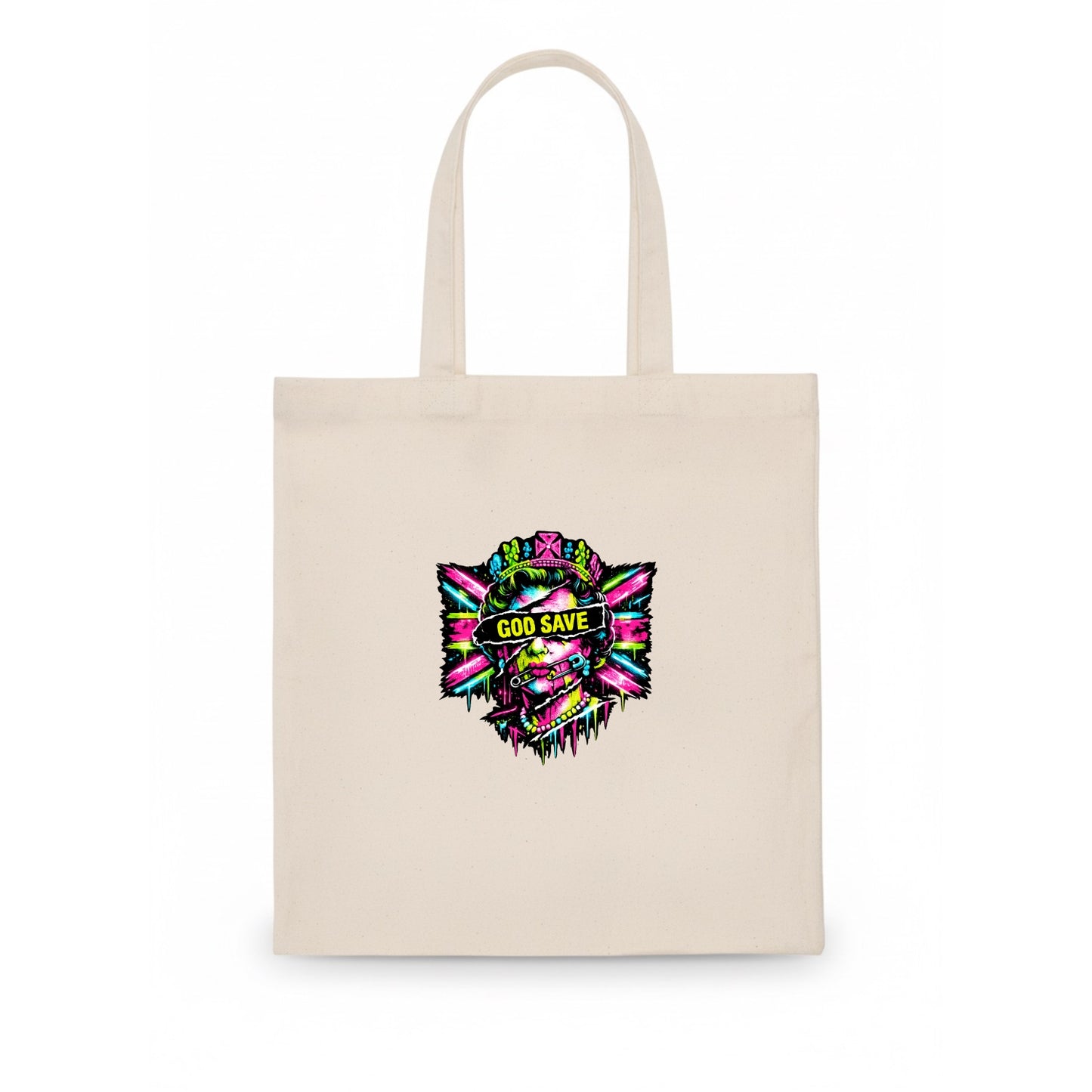 GOD SAVE | Torn royal portrait style | Blackout bar across eyes | Safety pin through - Tote Bag - white