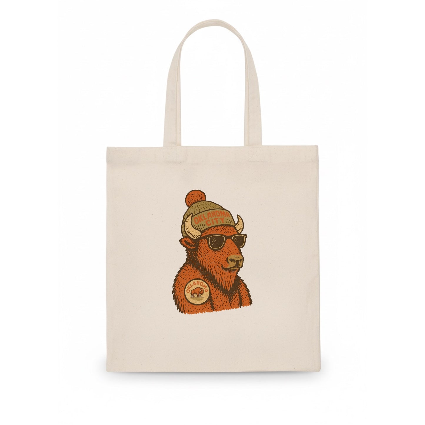 Oklahoma Buffalo wearing Oklahoma City beanie with pom pom and wayfarer sunglasses - Tote Bag - white