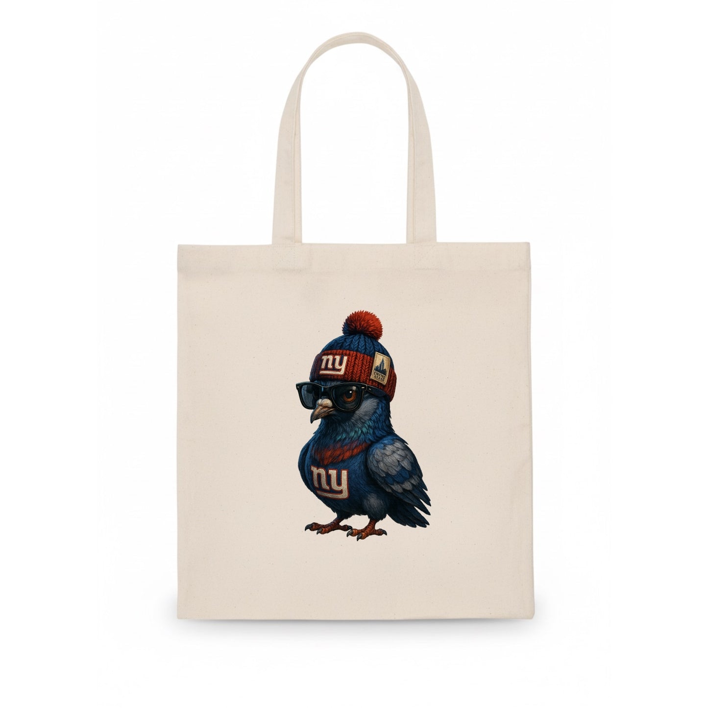 Manhattan Pigeon wearing Giants beanie with Empire State patch and wayfarer sunglasses - Tote Bag - white