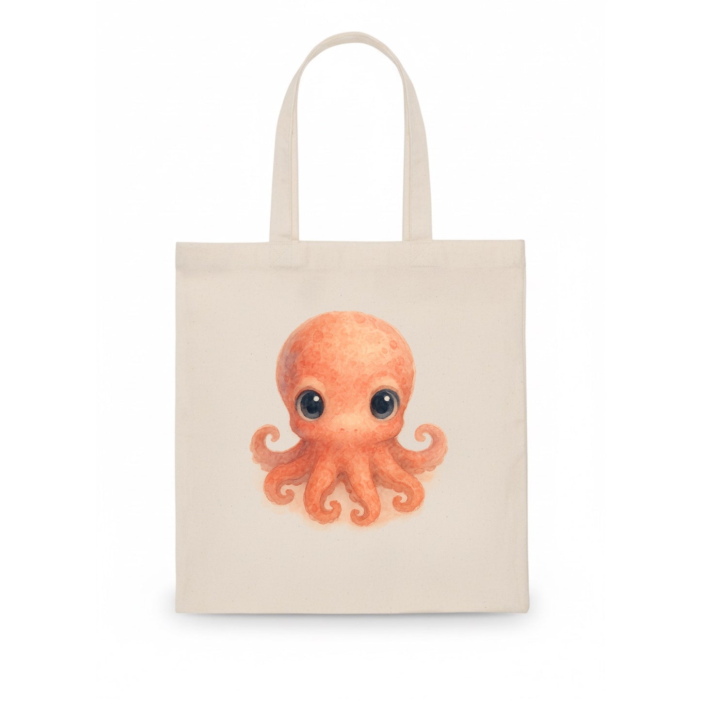 Baby Octopus - red-orange, eight tiny tentacles curled, large intelligent eyes, - Tote Bag - white