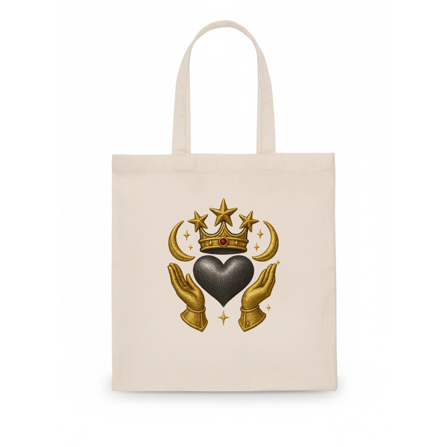 Sun goddess crown radiating golden rays over a midnight heart with henna-adorned hands. - Tote Bag - white