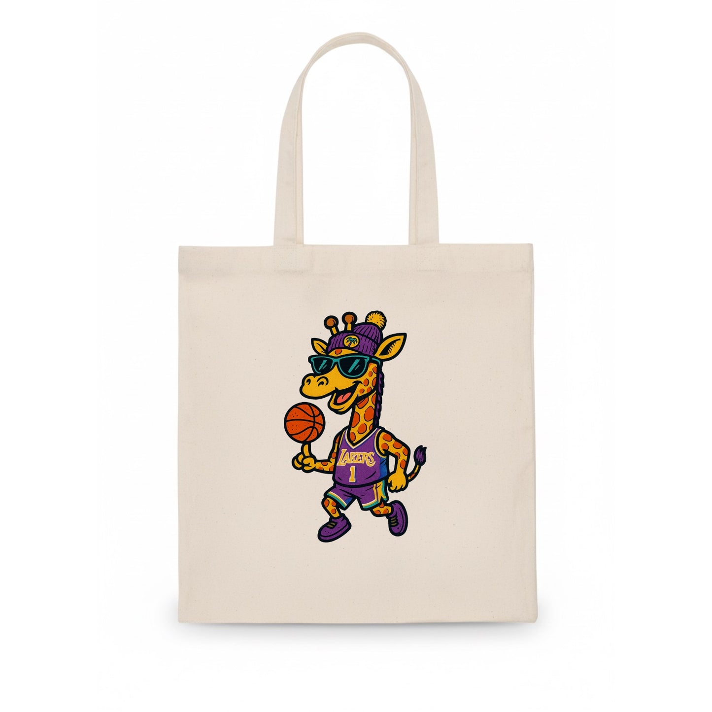 California Giraffe wearing Lakers beanie with palm tree patch and wayfarer sunglasses - Tote Bag - white