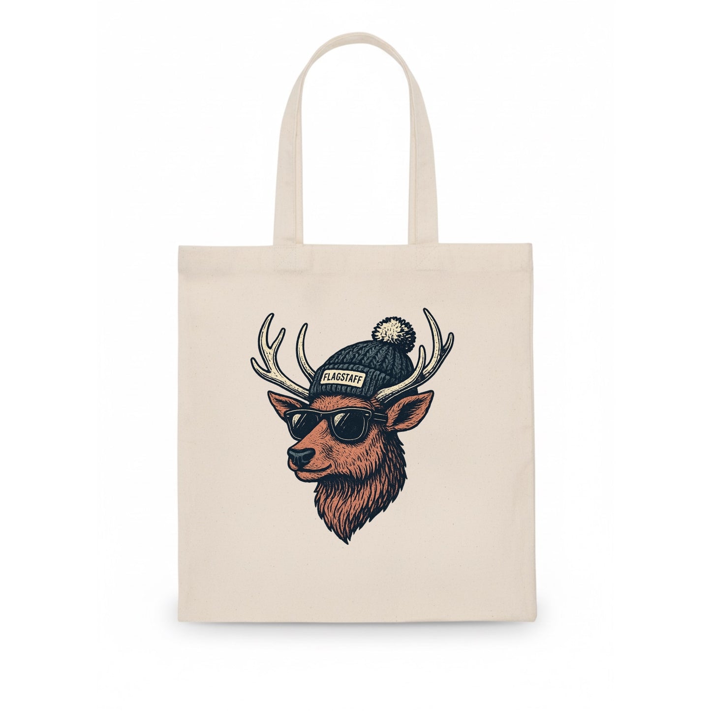 Flagstaff Elk wearing Flagstaff beanie with pom pom and wayfarer sunglasses - Tote Bag - white