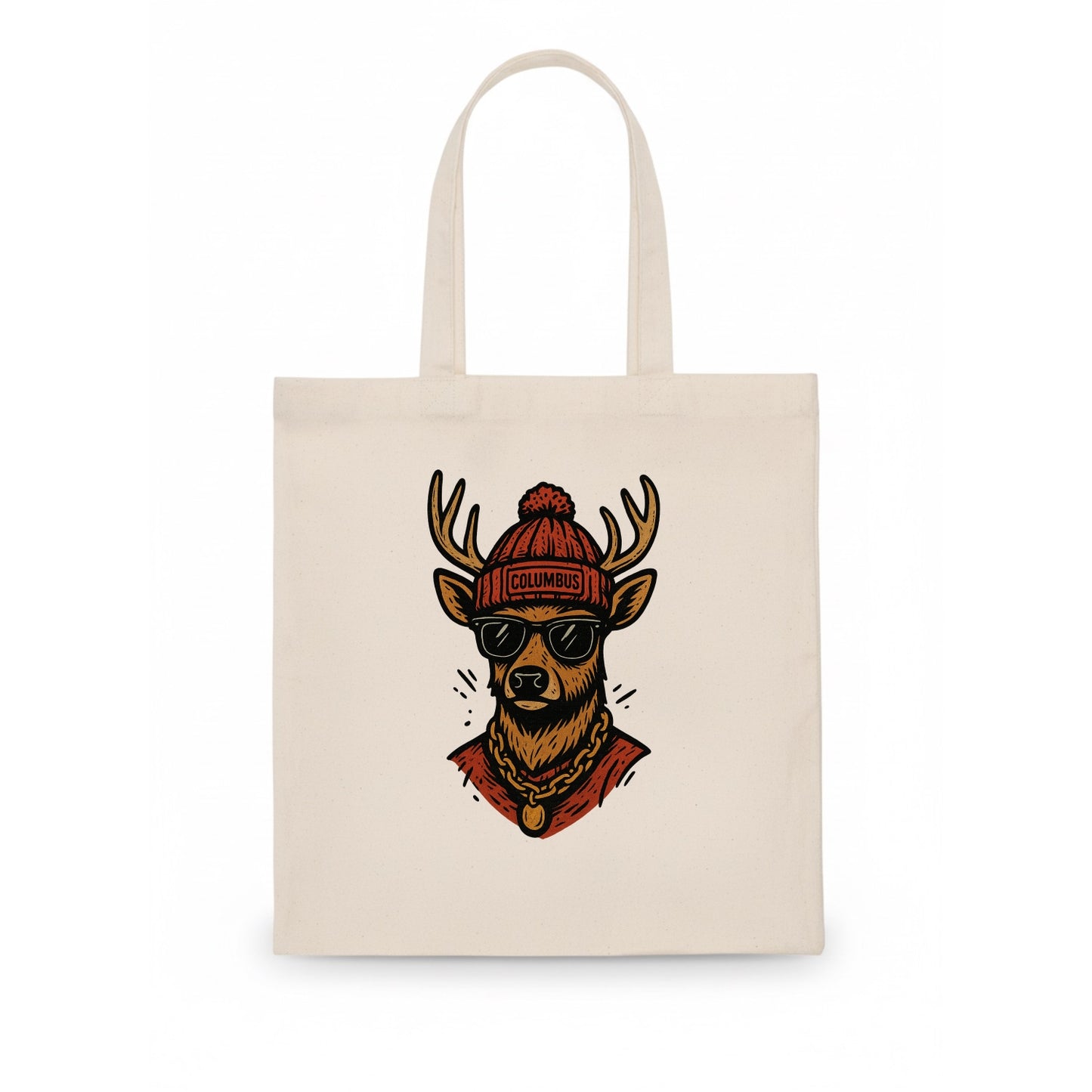 Columbus White-tailed Deer wearing Columbus beanie with pom pom and wayfarer sunglasses - Tote Bag - white