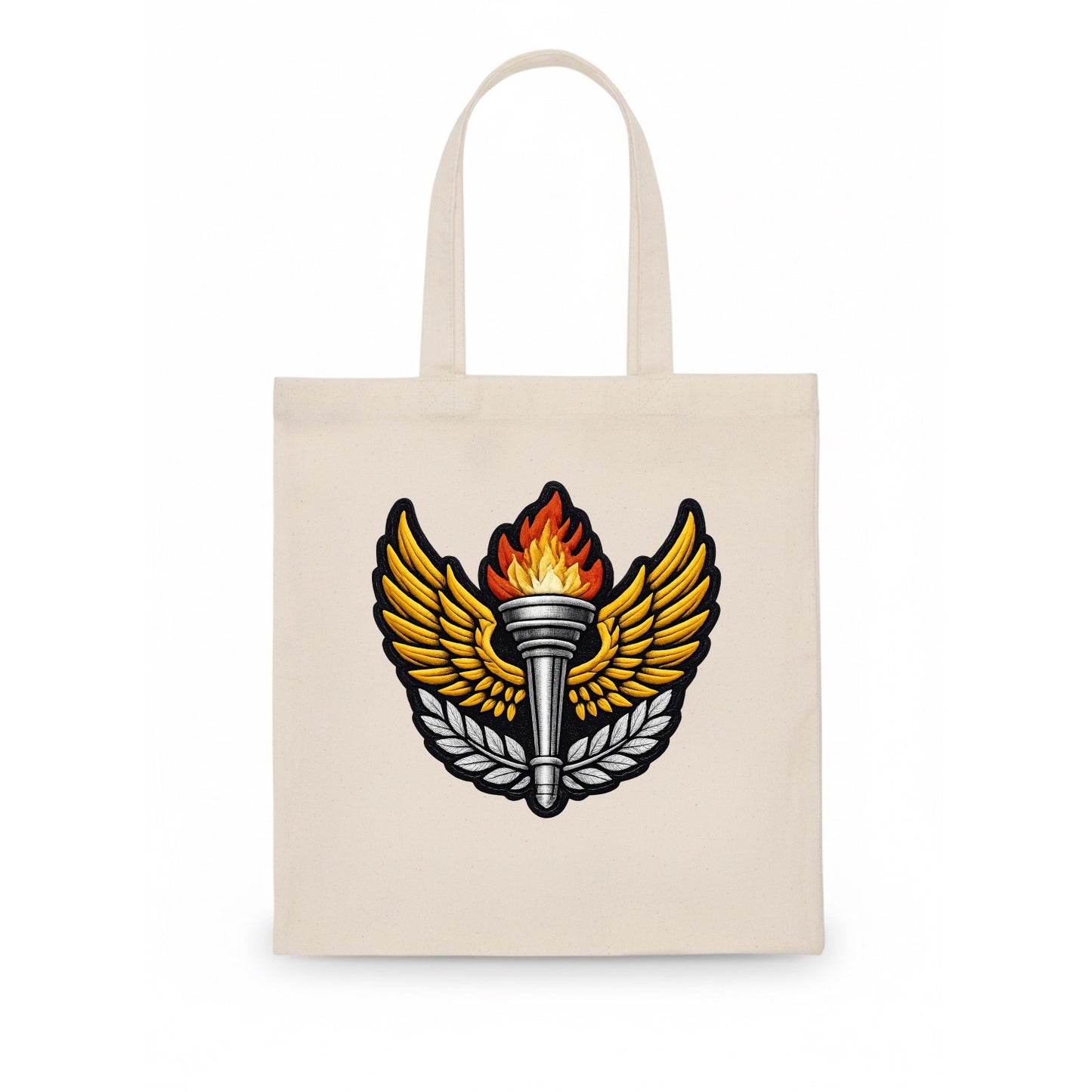 Embroidered patch design - TRACK AND FIELD TORCH - Olympic style torch with wings in - Tote Bag - white
