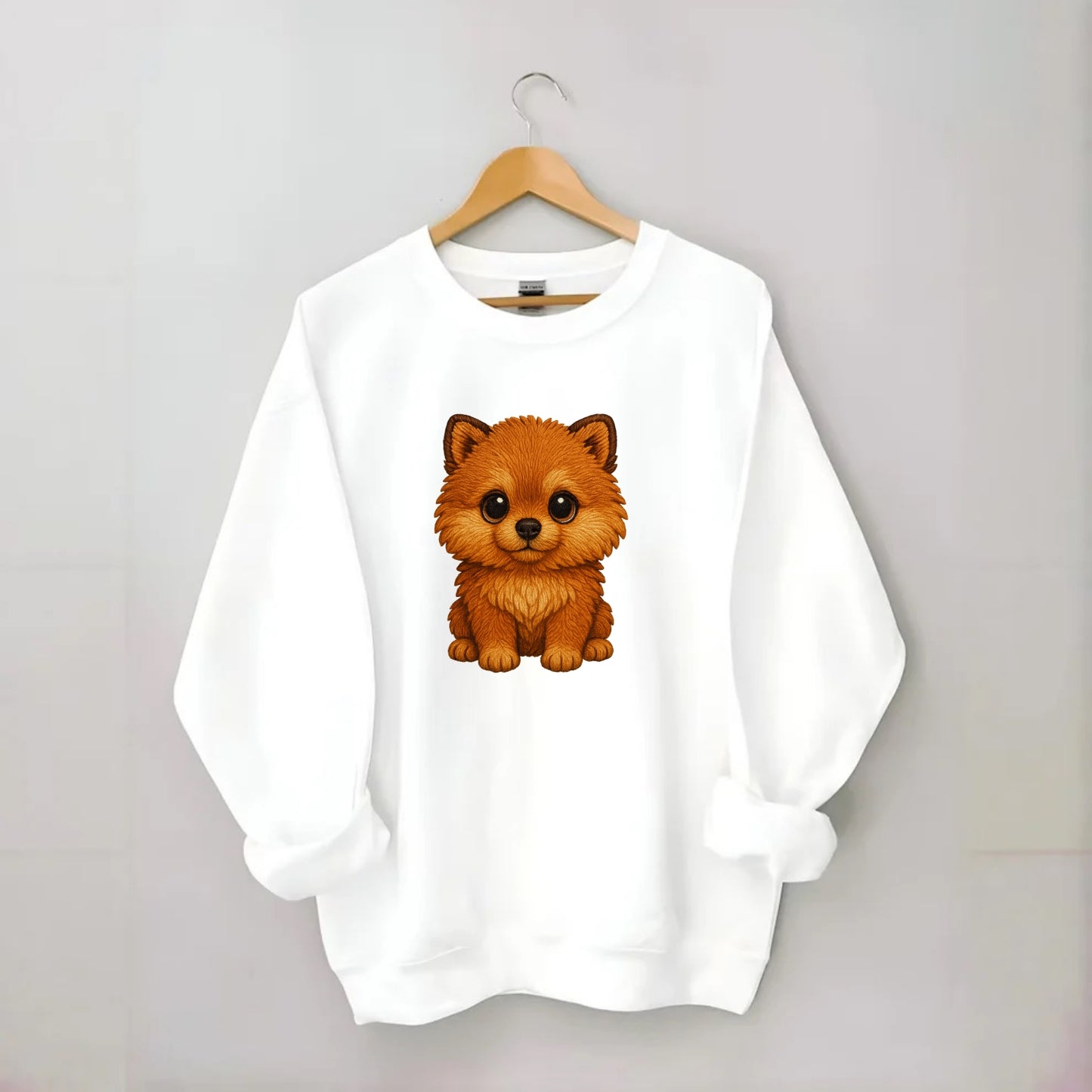 Baby Pomeranian Puppy - fluffy orange ball, fox face, tiny body, bright eyes, - Crewneck Sweatshirt - white
