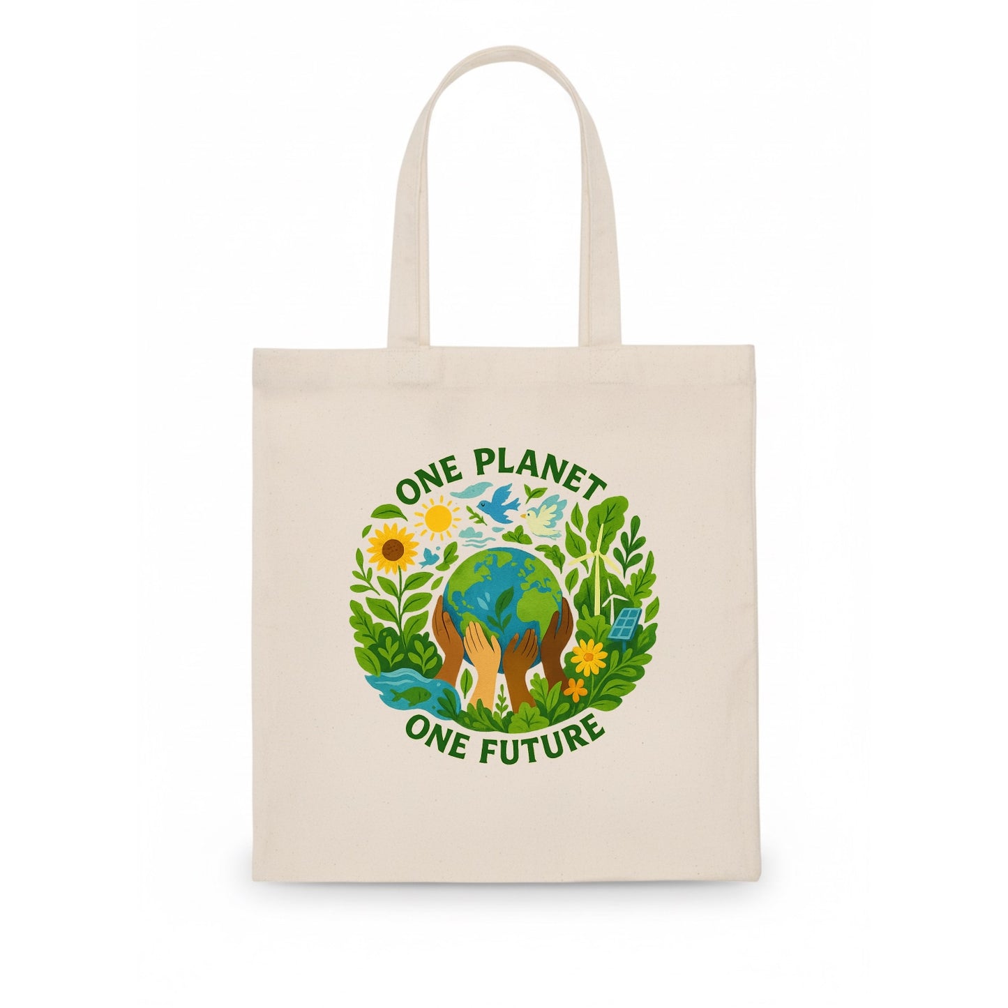 Globe surrounded by hands of all colors working together - "One Planet, One Future" - - Tote Bag - white