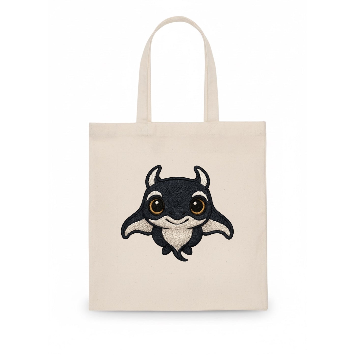 Baby Manta Ray - dark with white markings, cephalic fins, gentle eyes, front-facing, - Tote Bag - white