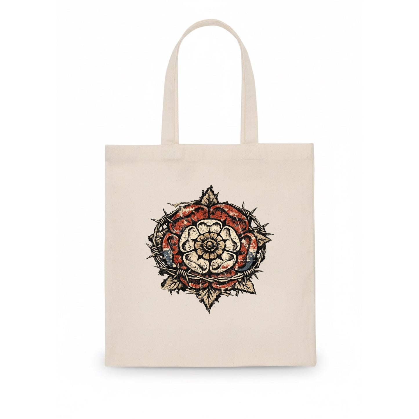 THORNED ROSE | Tudor rose with thorns | Barbed wire integration | Beautiful danger | - Tote Bag - white