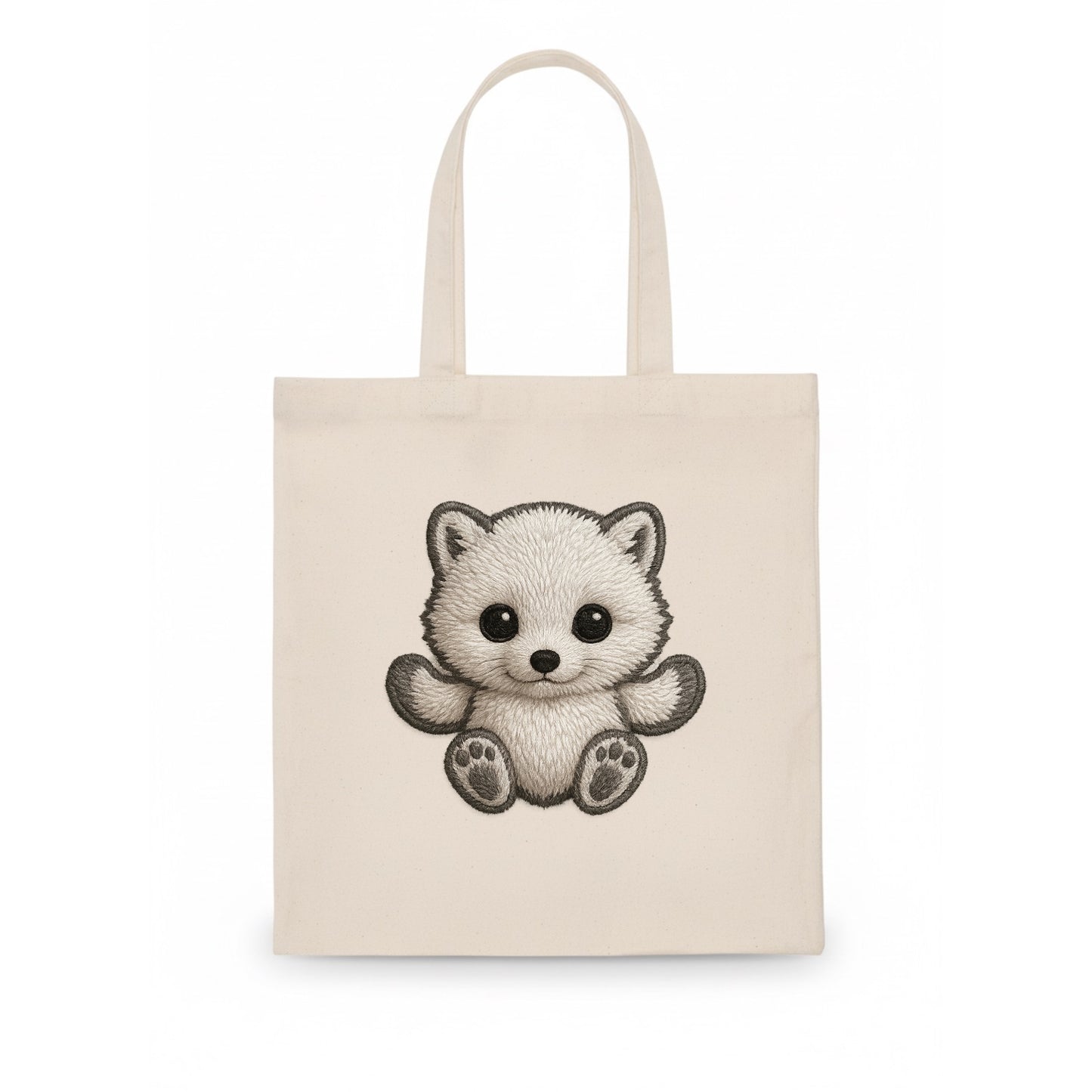 Baby Arctic Fox - white fluffy, tiny black nose, bright curious eyes, front-facing, snow - Tote Bag - white