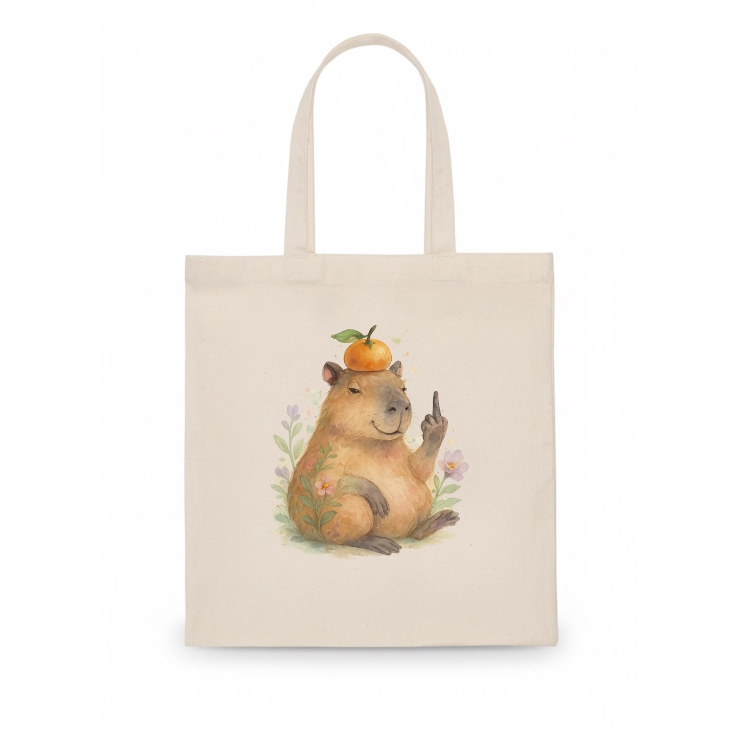 chonky capybara relaxing with orange on head, one webbed middle finger up - Tote Bag - white
