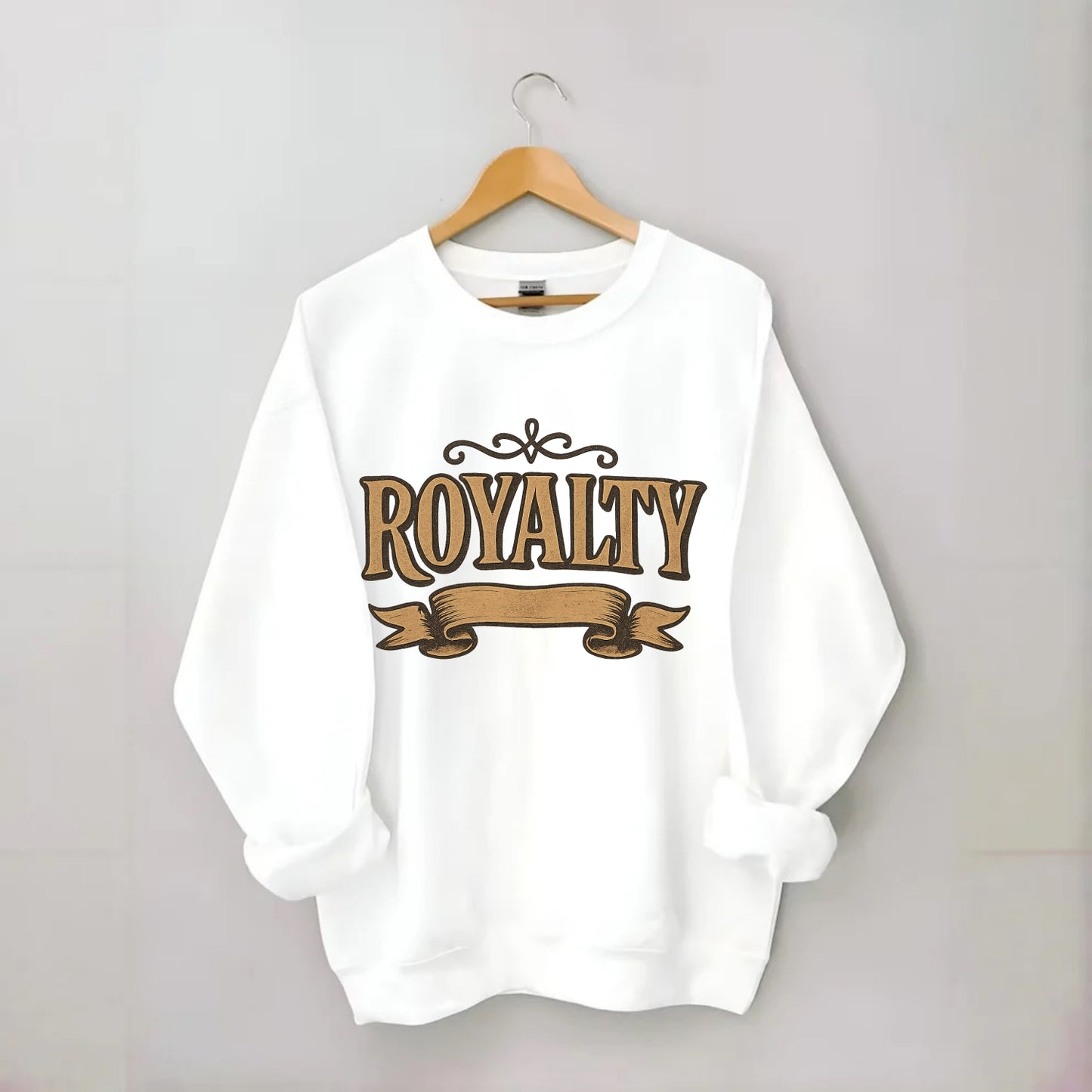 Bold typography design - "ROYALTY" - regal bearing, noble spirit - Crewneck Sweatshirt - white