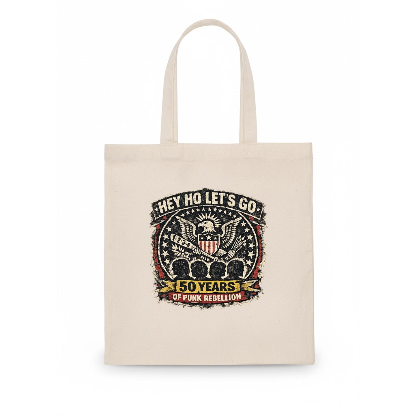 RAMONES LEGACY | Hey Ho Let's Go typography | Presidential seal parody | Four heads - Tote Bag - white