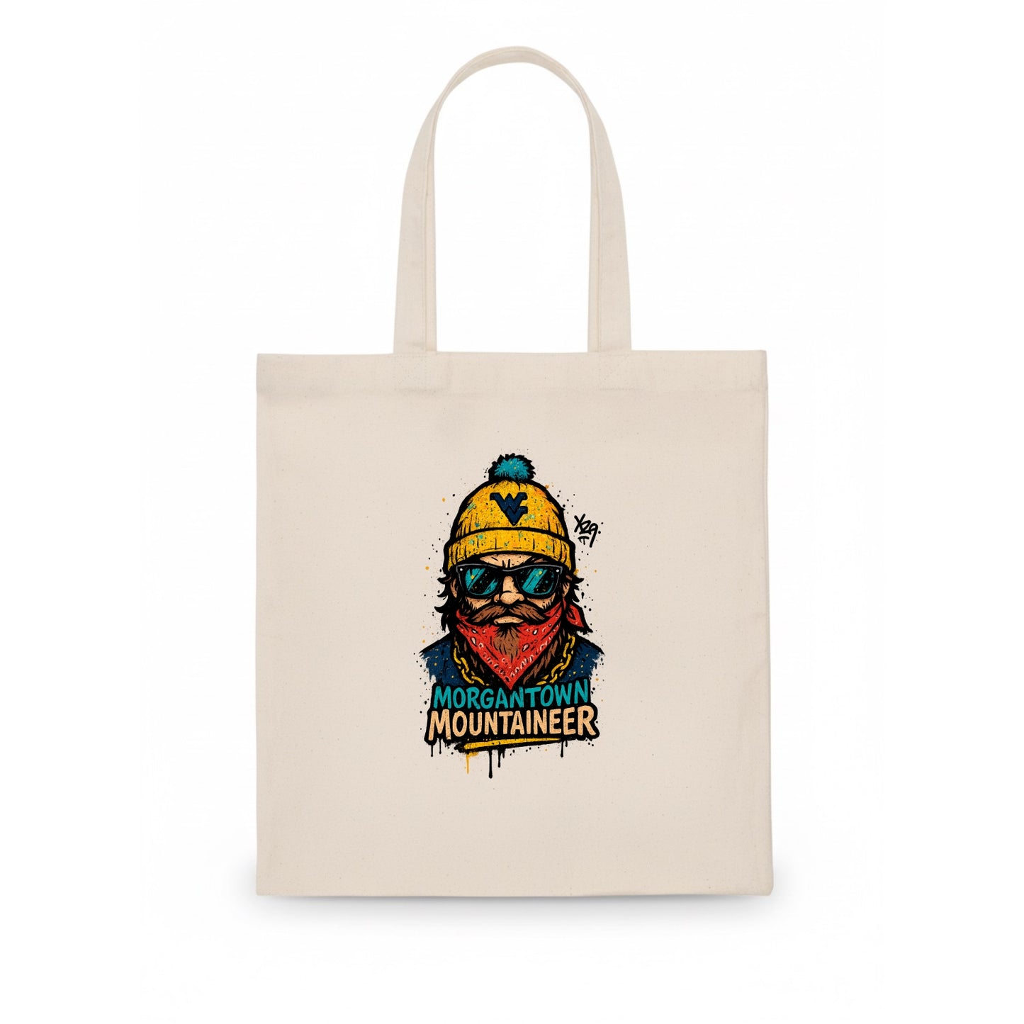 Morgantown Mountaineer wearing West Virginia beanie with WV patch - Tote Bag - white