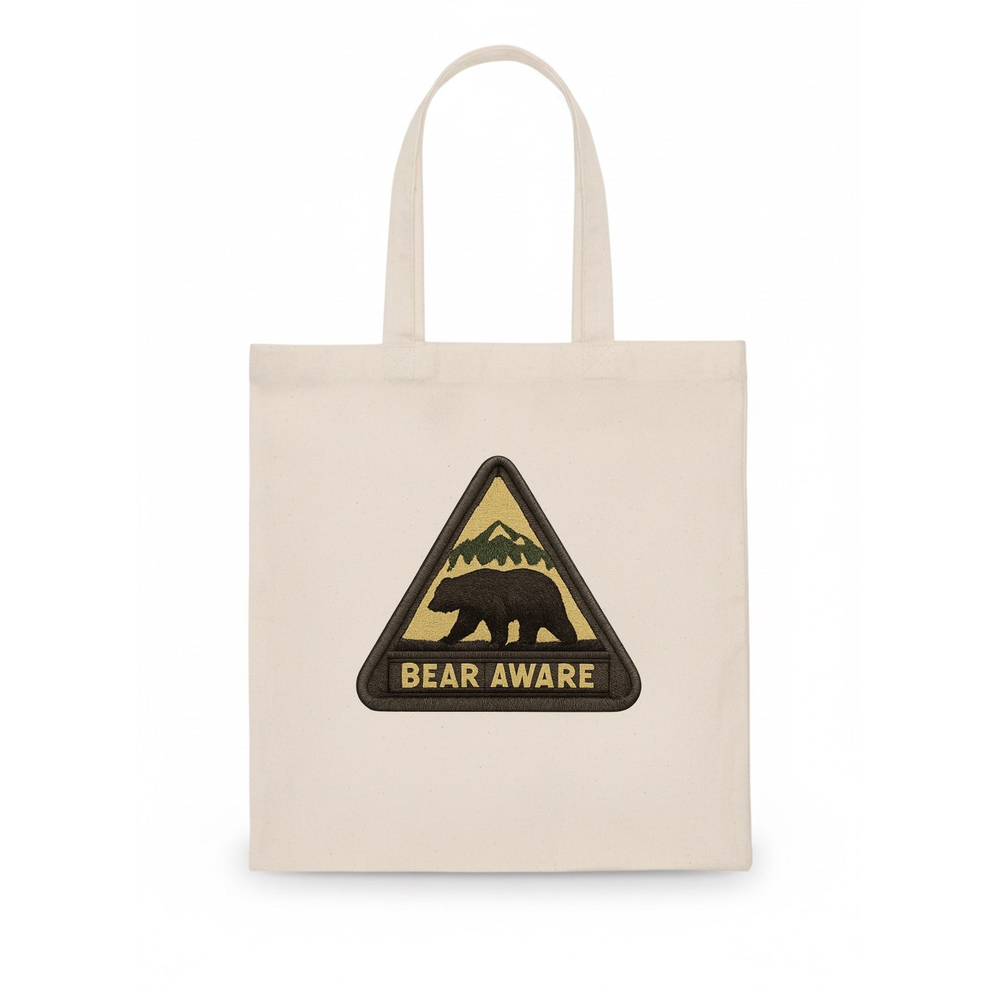 BEAR AWARE - bear silhouette warning in brown and yellow , wilderness safety - Tote Bag - white