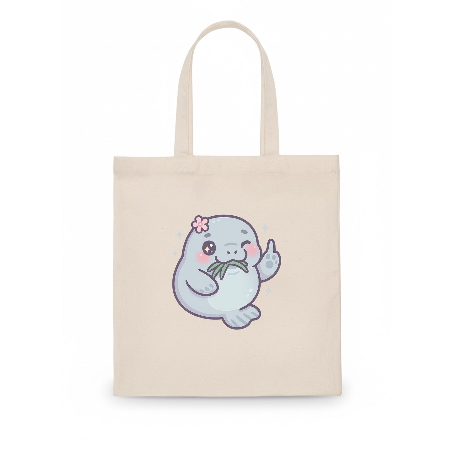 chubby manatee munching on seagrass, one flipper raised with sass - Tote Bag - white