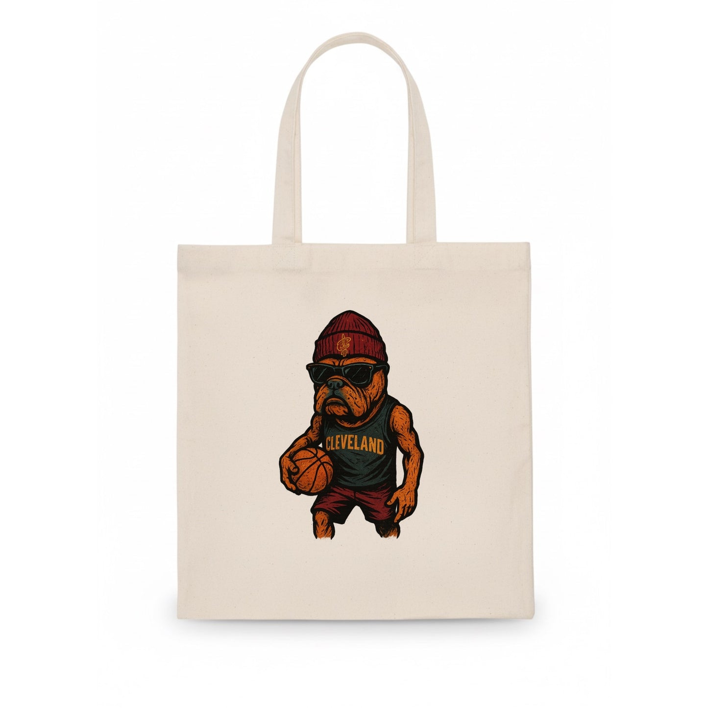 Cleveland Bulldog wearing Cavaliers wine and gold beanie with sword patch and wayfarer - Tote Bag - white