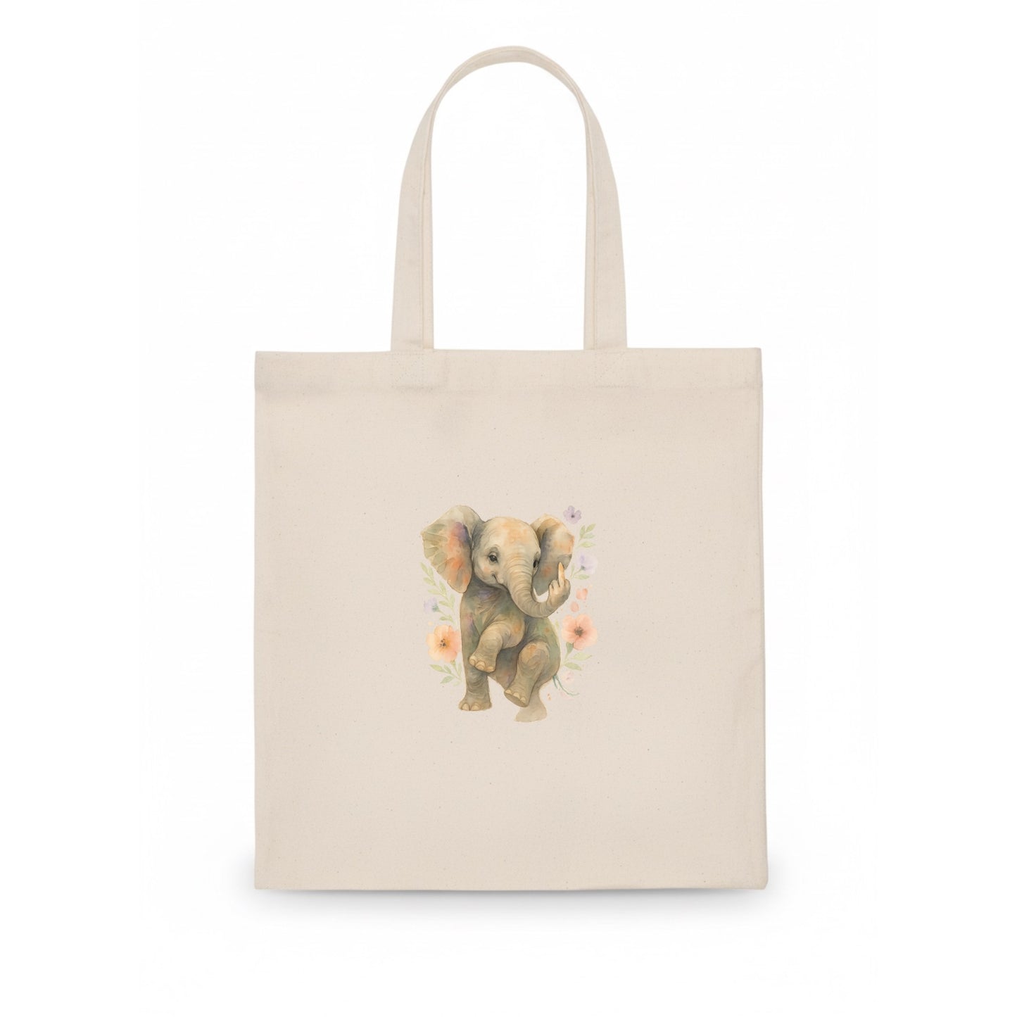 baby elephant with trunk up, one foot raised with middle toe extended - Tote Bag - white