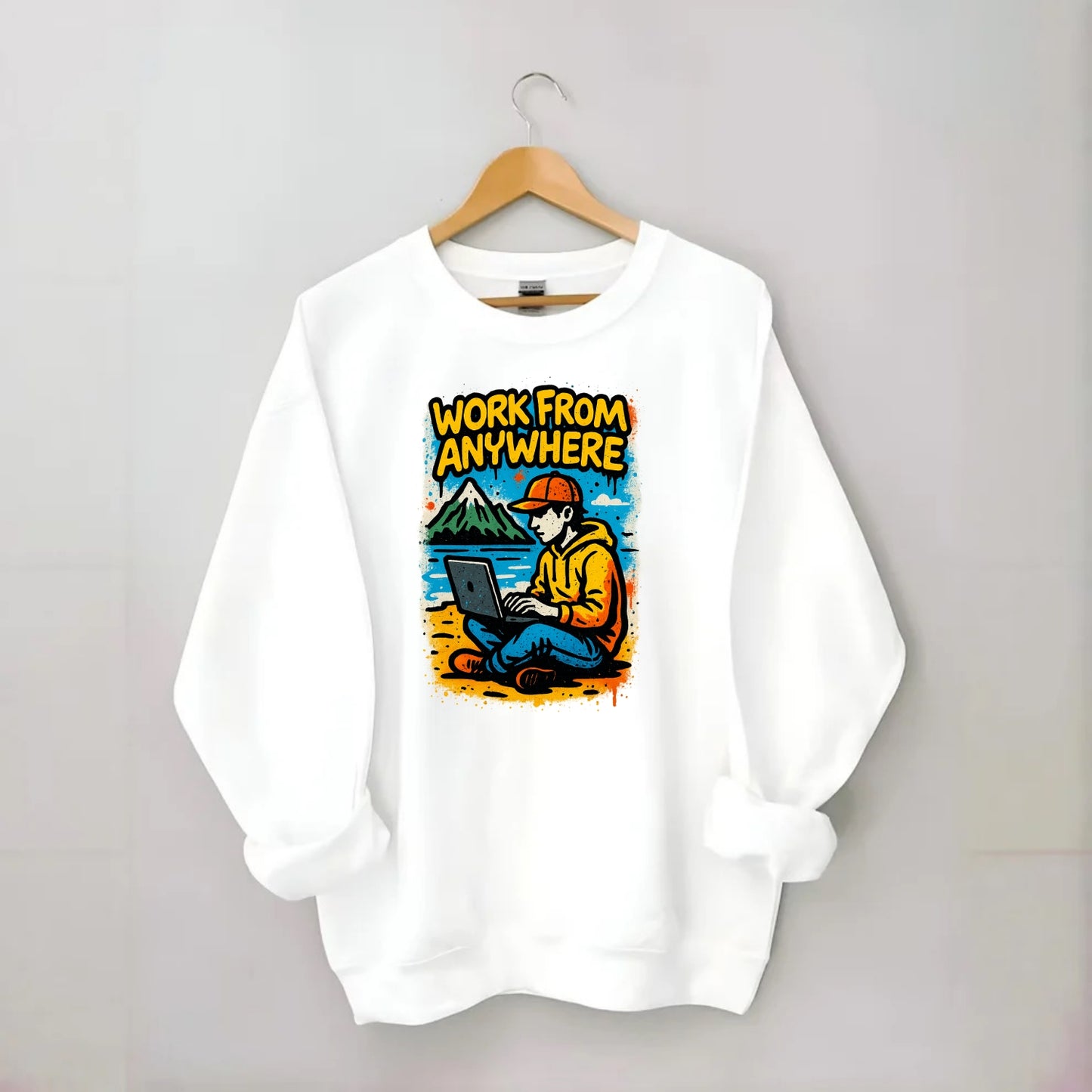 Digital nomad with laptop on beach/mountain - work from anywhere lifestyle, - Crewneck Sweatshirt - white