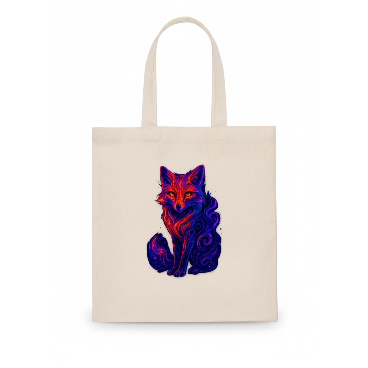 Clever fox with tail dissolving into cosmic nebula swirls, orange to purple gradient - Tote Bag - white