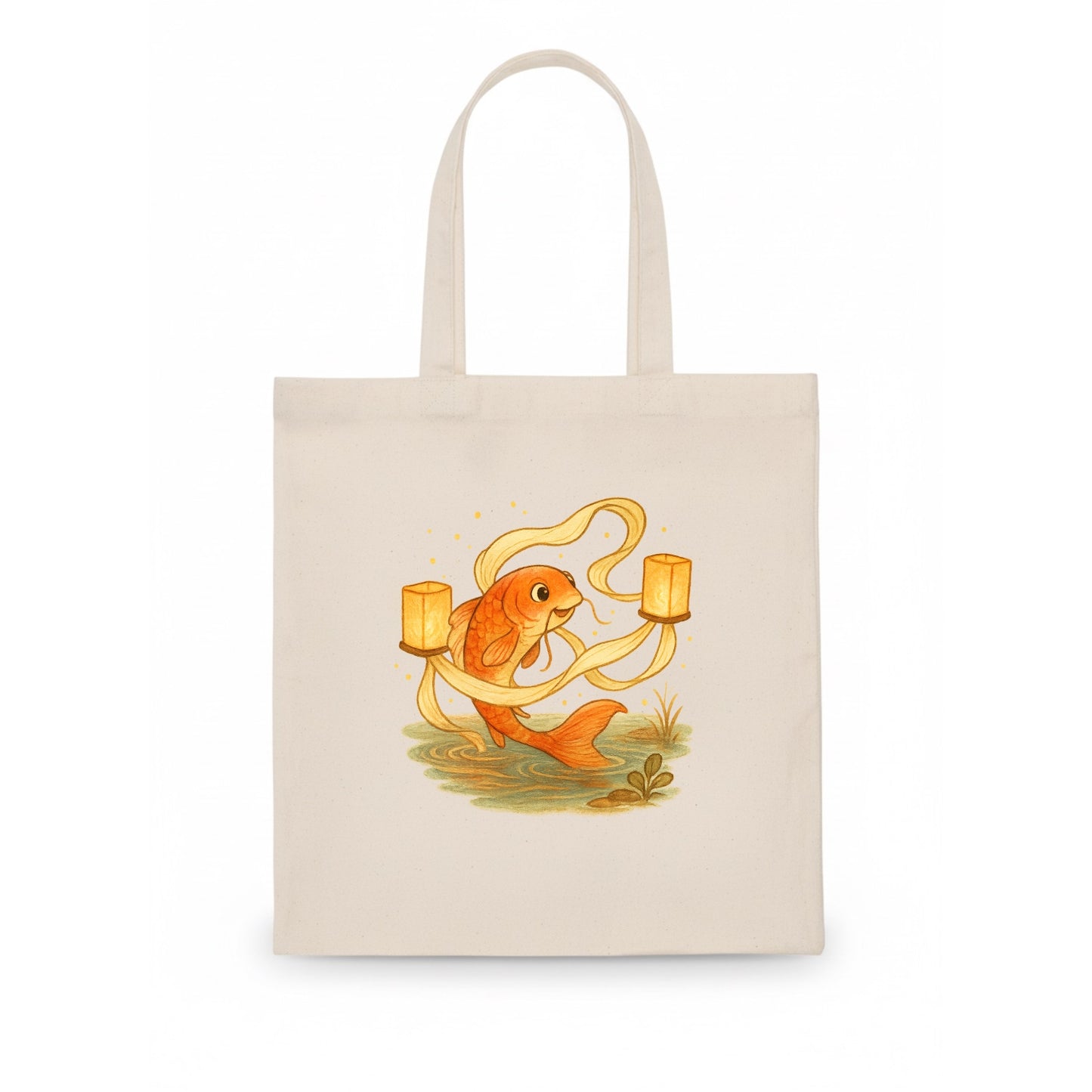 Koi weaving silk streamers through floating lanterns on tranquil water - Tote Bag - white