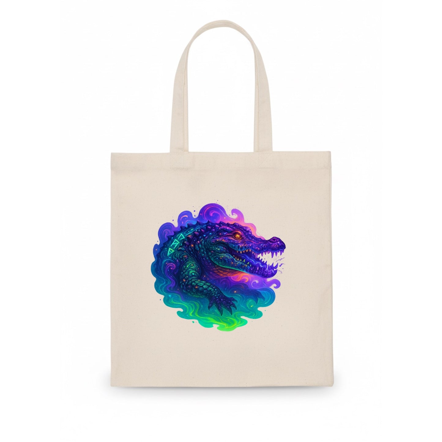 Primordial crocodile with scales pulsing plasma energy in green and purple, ancient - Tote Bag - white
