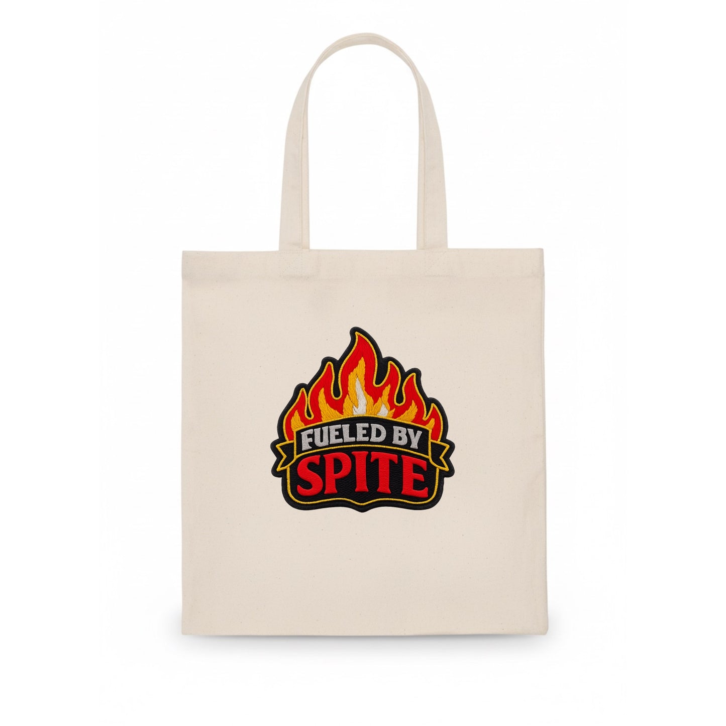 FUELED BY SPITE - fire with text in black and red , petty motivation - Tote Bag - white