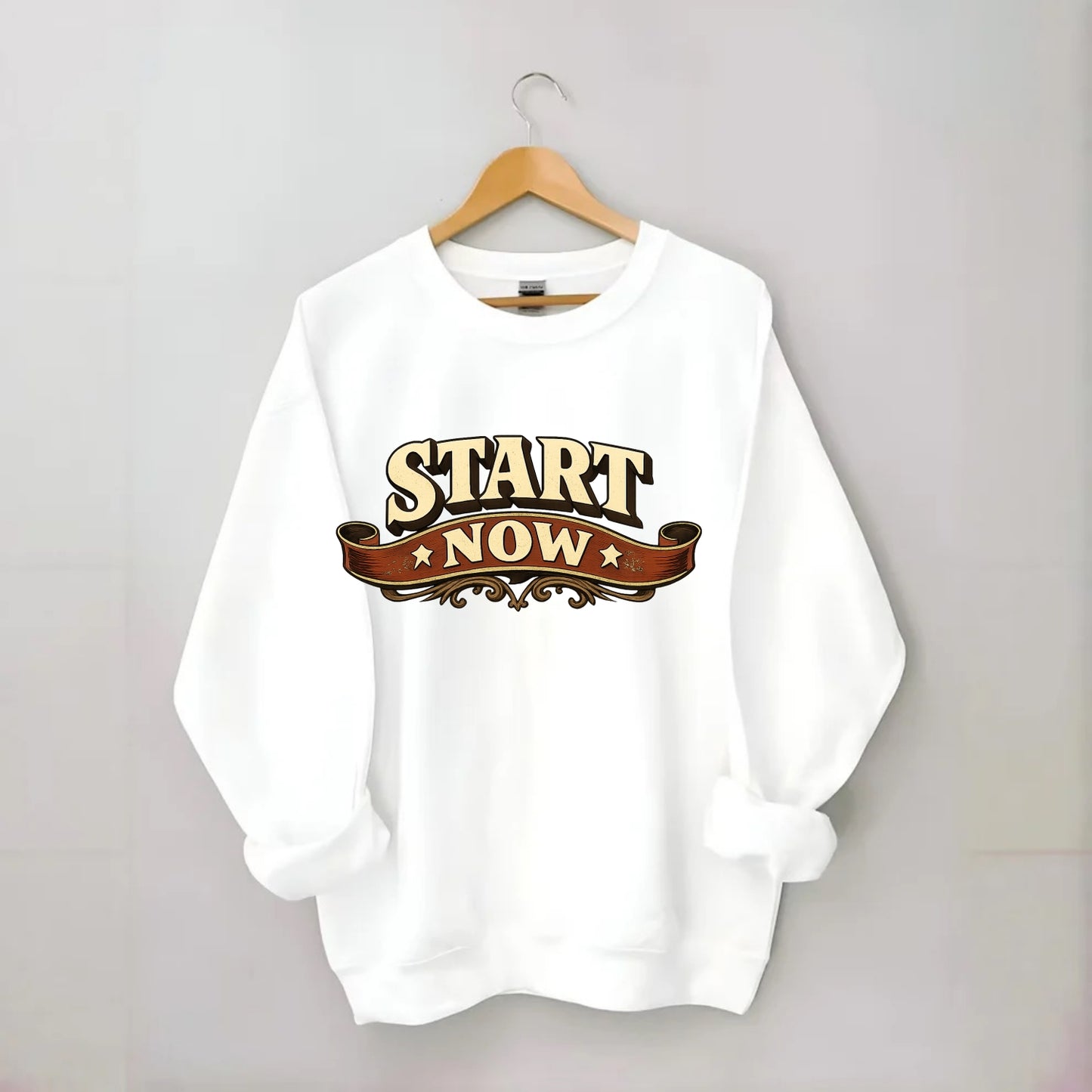 Bold typography design - "START NOW" - begin immediately, no delay - Crewneck Sweatshirt - white