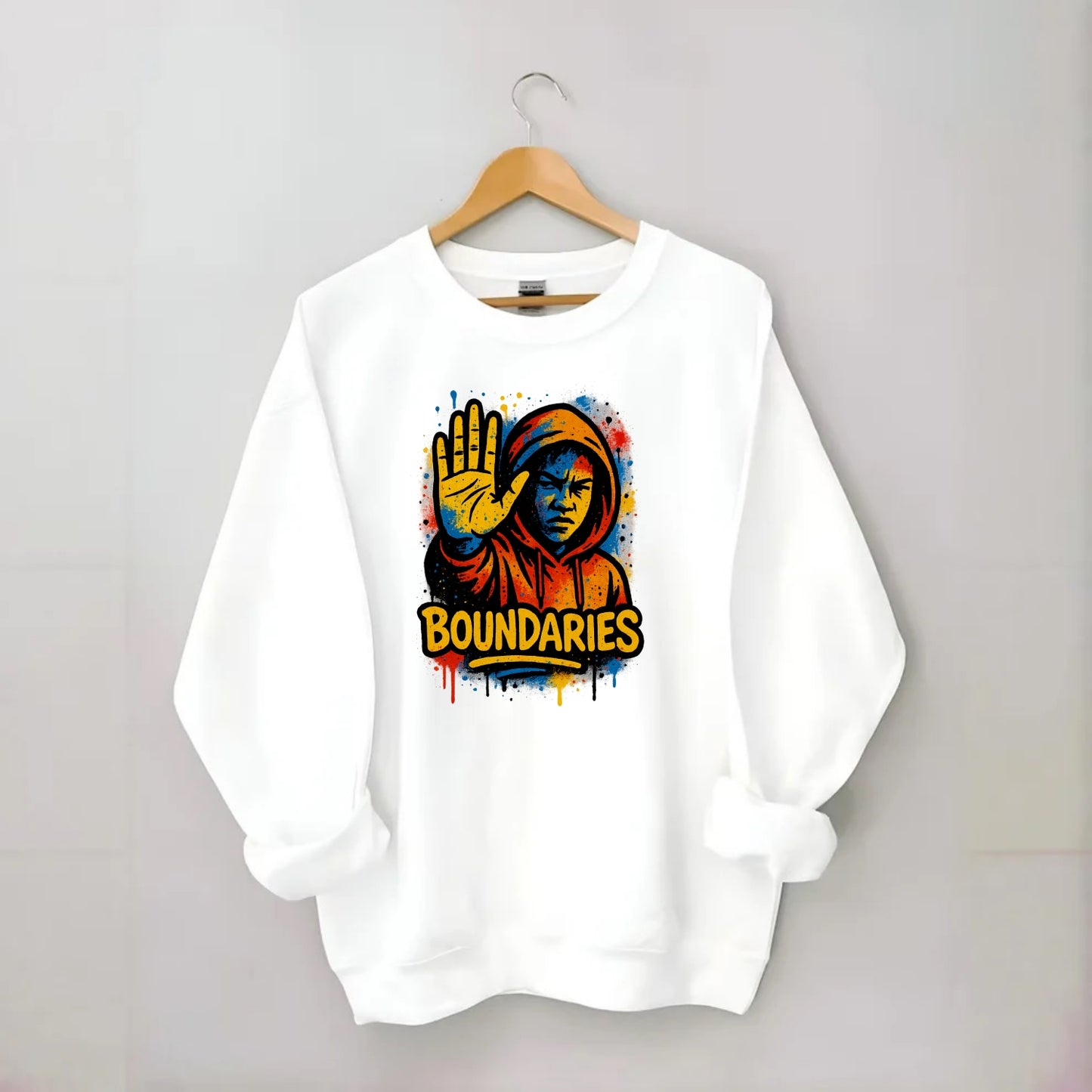 Person holding up hand in "stop" gesture - setting boundaries concept, - Crewneck Sweatshirt - white