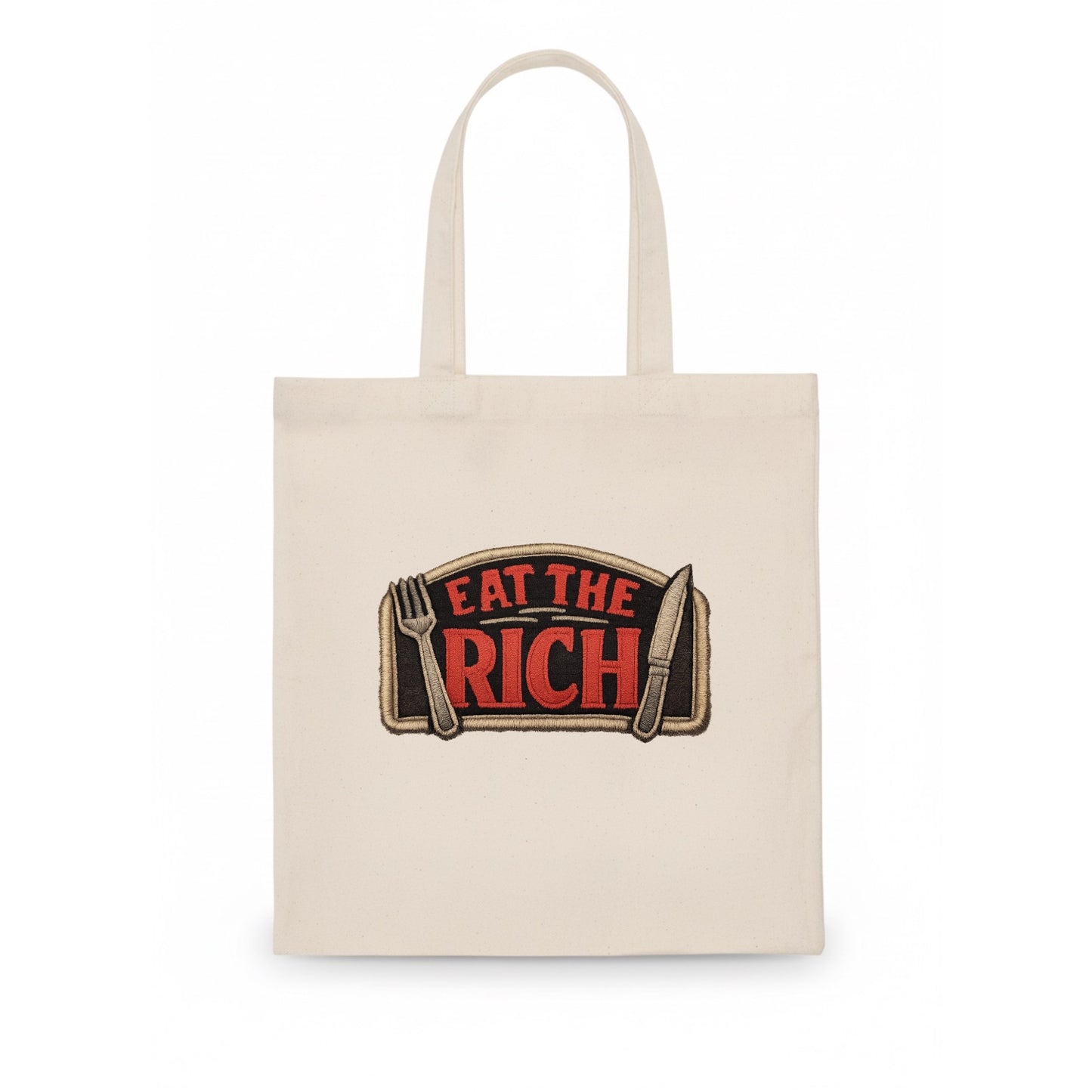 EAT THE RICH - fork and knife with text in red and silver , class war - Tote Bag - white