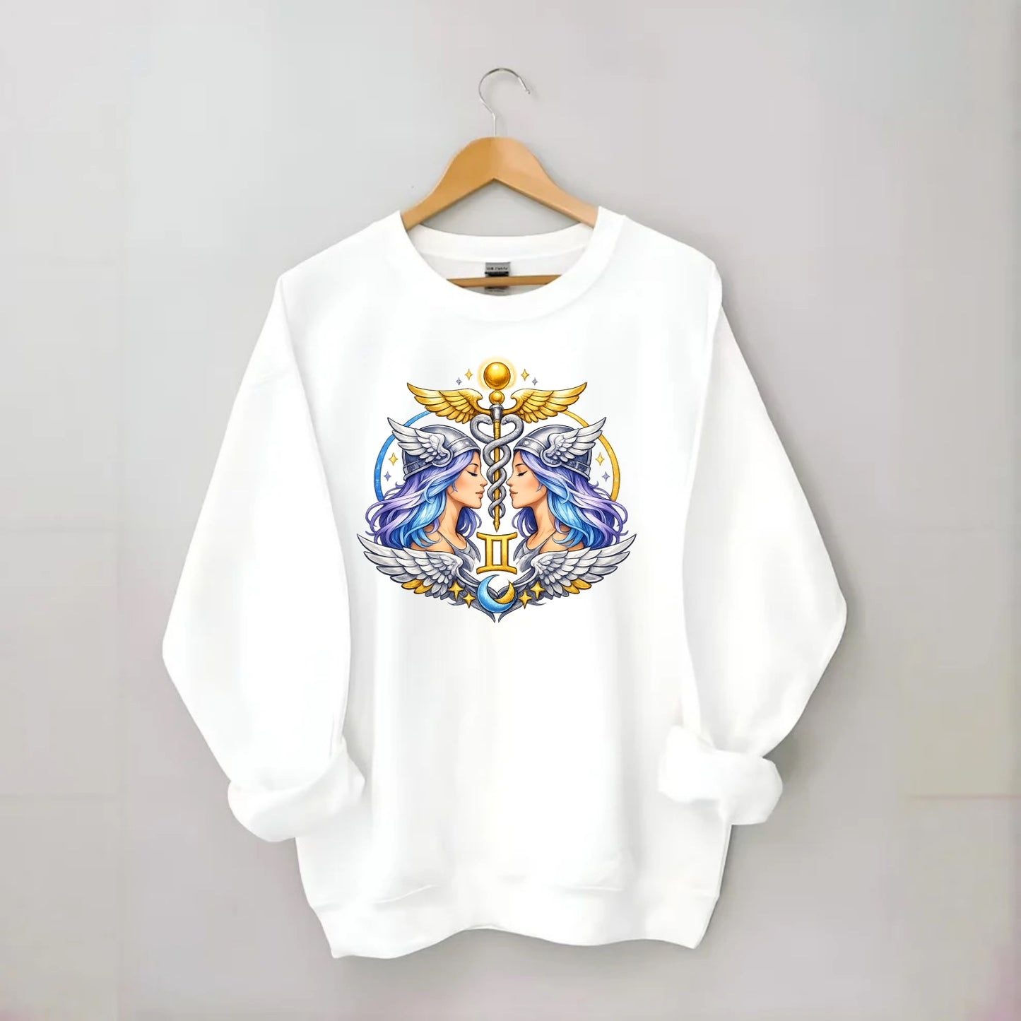 MERCURY WINGS | Winged messenger symbol | Caduceus staff | Swift - Crewneck Sweatshirt - white