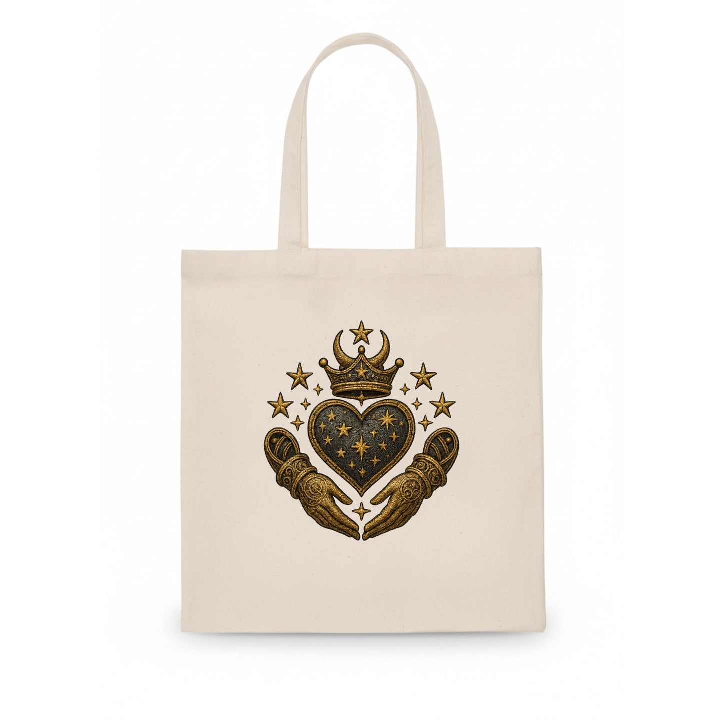 Weathered antique brass crown above a hammered gunmetal heart framed by ivy-woven hands. - Tote Bag - white