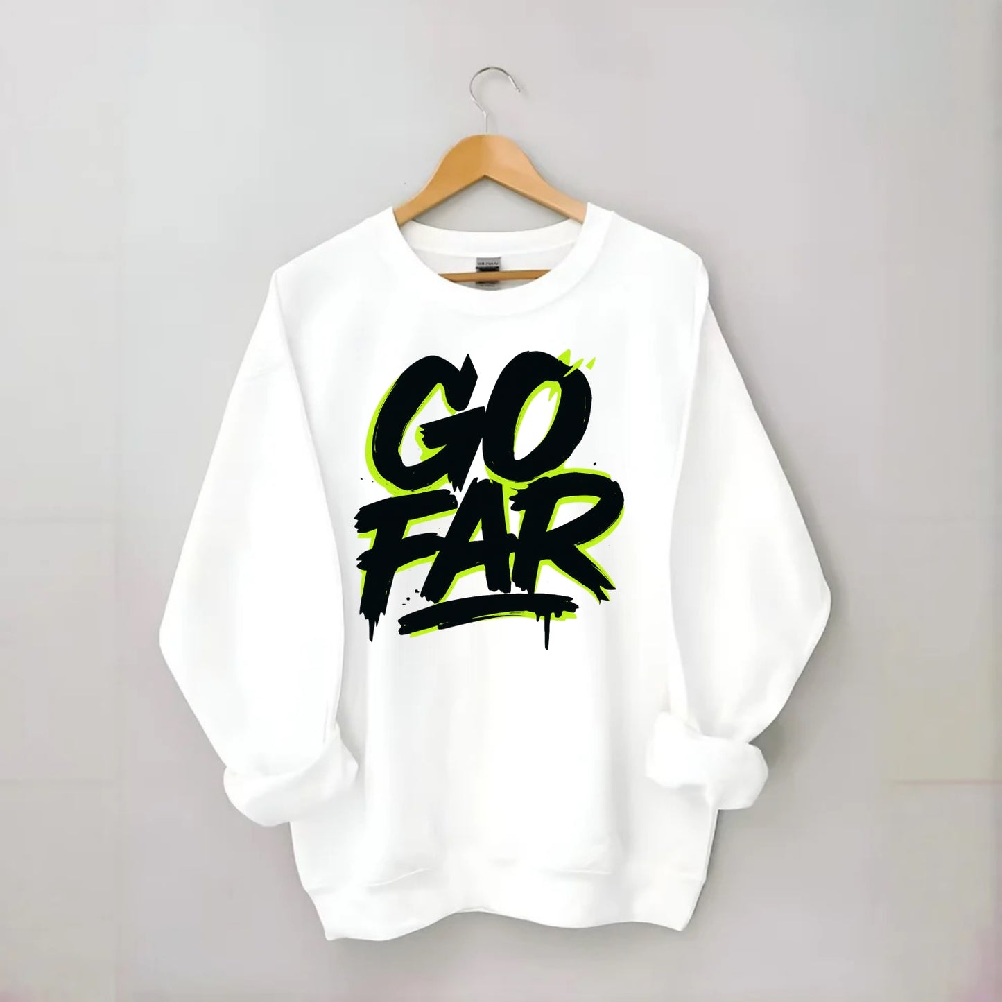 Bold typography design - "GO FAR" - distance goals, pushing limits - Crewneck Sweatshirt - white
