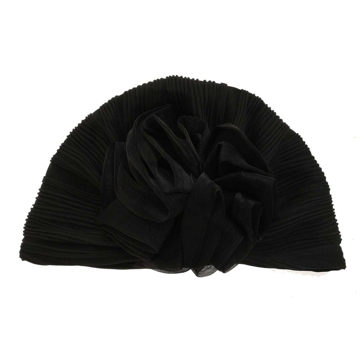 Women'S Big Floral Pleated Turban Hat, High Elasticity Headwrap, Sun Protection Warm Stylish Slouchy Cap - Black