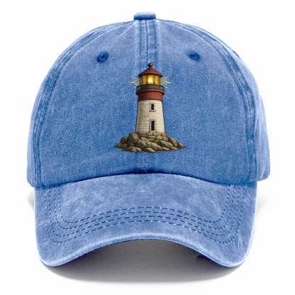illuminated lighthouse on a rocky shore Hat