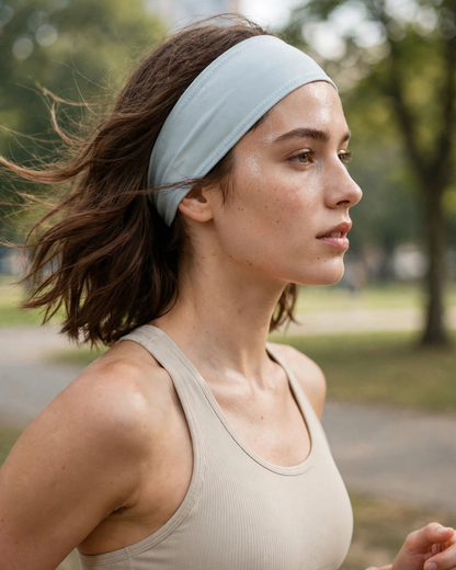 Premium Silk Sports Headband - Sweat-Wicking Yoga Running — lifestyle photo worn by a model