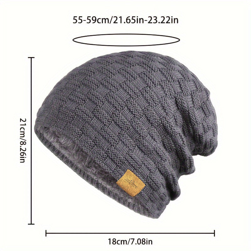 Pandaize W Patch Fleece Beanie - Coldproof Knit Hat for Autumn & Winter