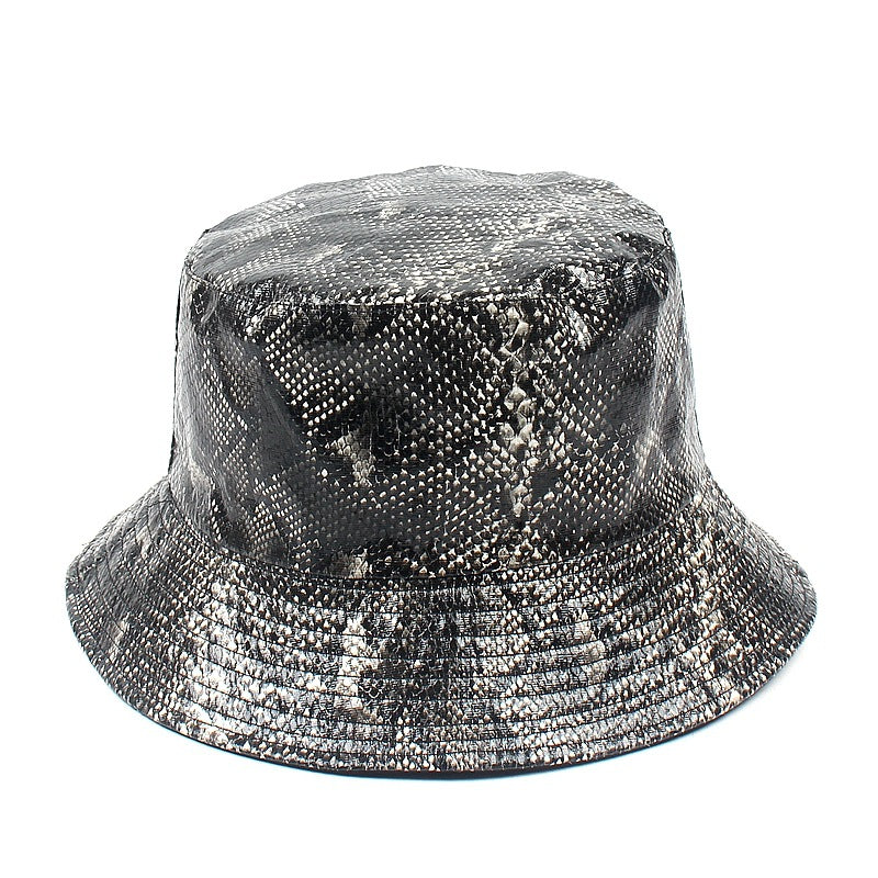 PU Snake Print Bucket Hat - Unisex Reversible Fashion Hat for Outdoor Sun Protection, Trendy Dual-Sided Design